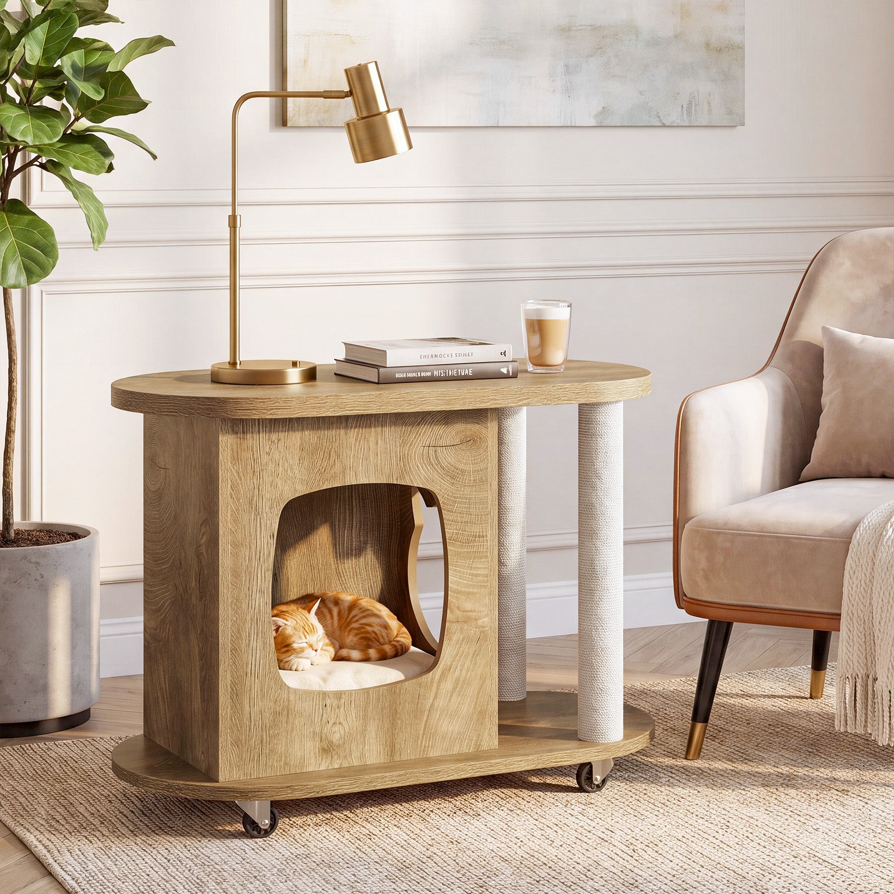 Rolling Sofa Side Table, End Table with Scratching Posts and Cat Bed