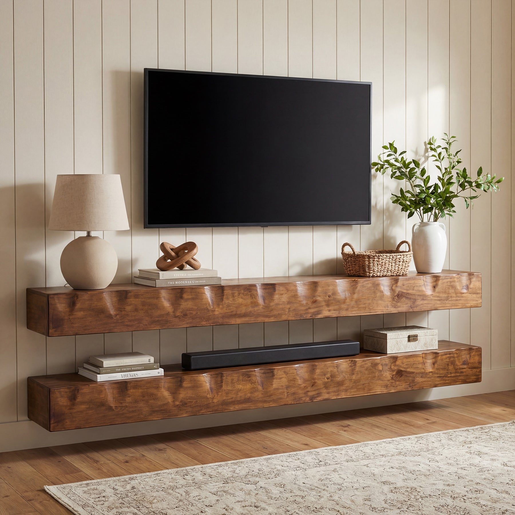 Solid Wood Floating TV Stand, 63" Wall Media Shelf for TVs Up to 75"