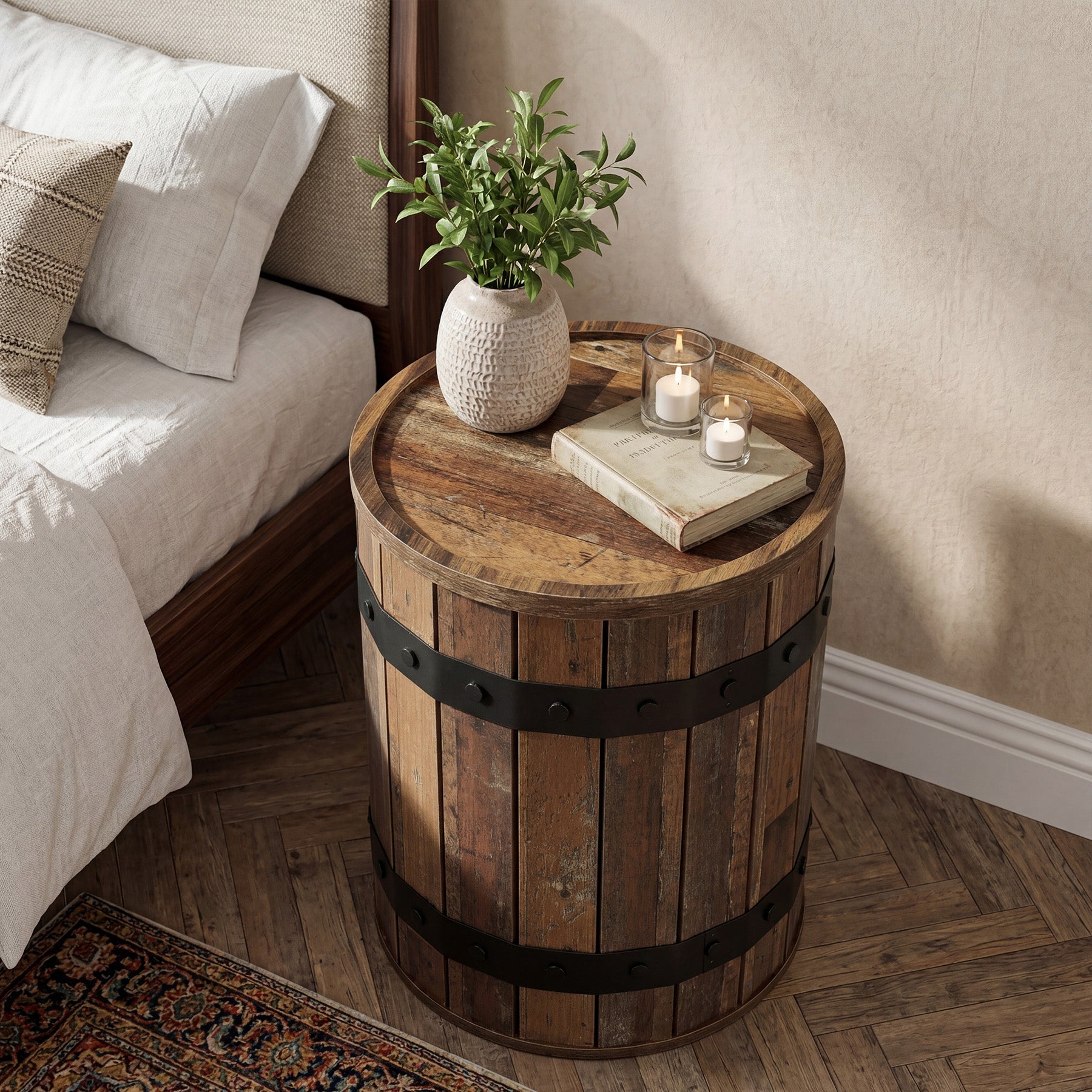 19.68" Barrel Side Table with Hidden Storage, Round Wood End Table with Lid for Living Room and Bedroom