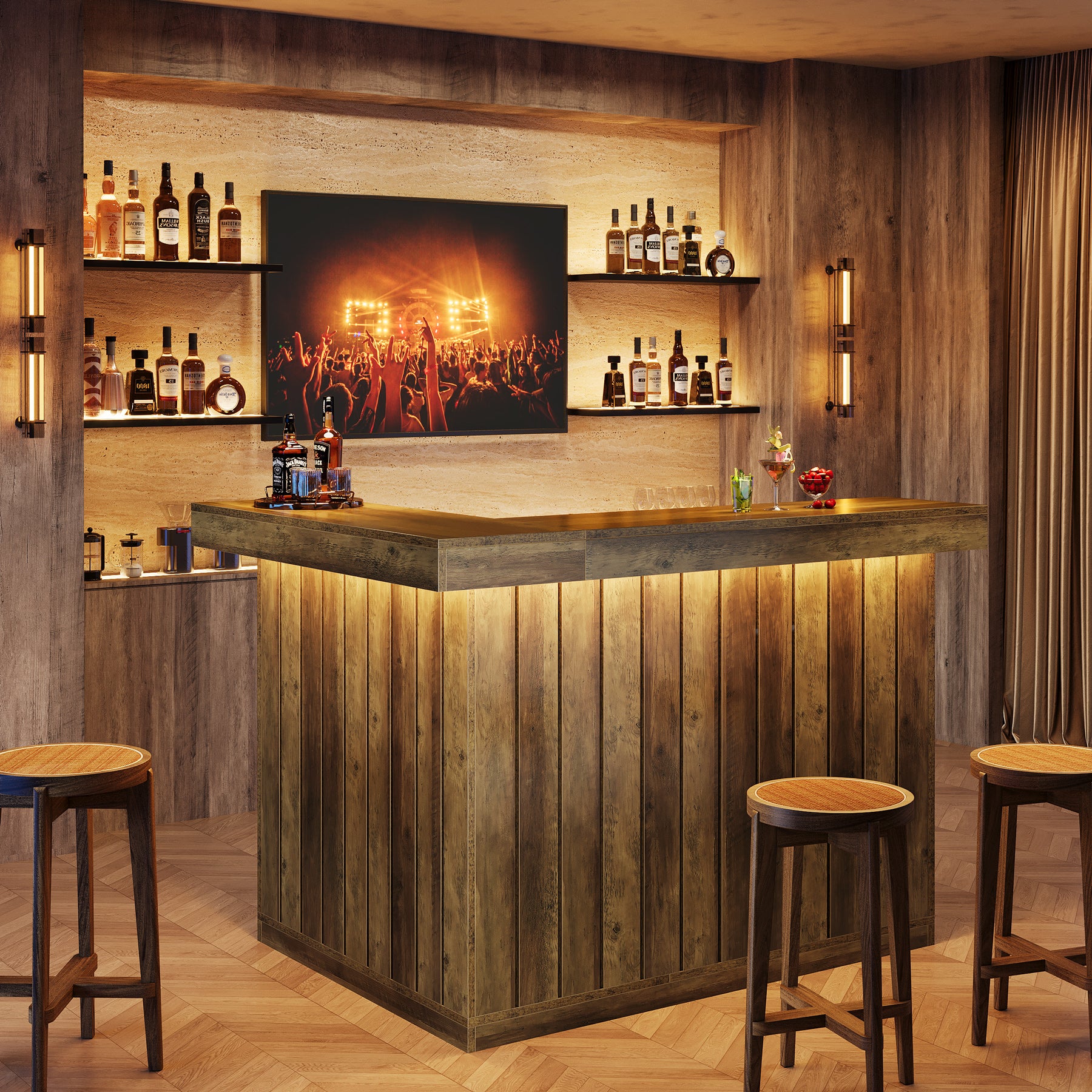 L-Shaped Bar Unit, 4-Tier Corner Liquor Bar Table with Storage Shelves