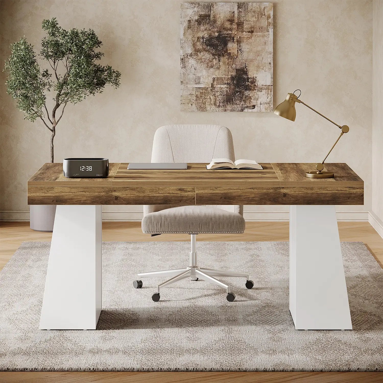 55" Executive Desk with Double Trapezoid Base, Modern Wooden Computer Desk for Home Office