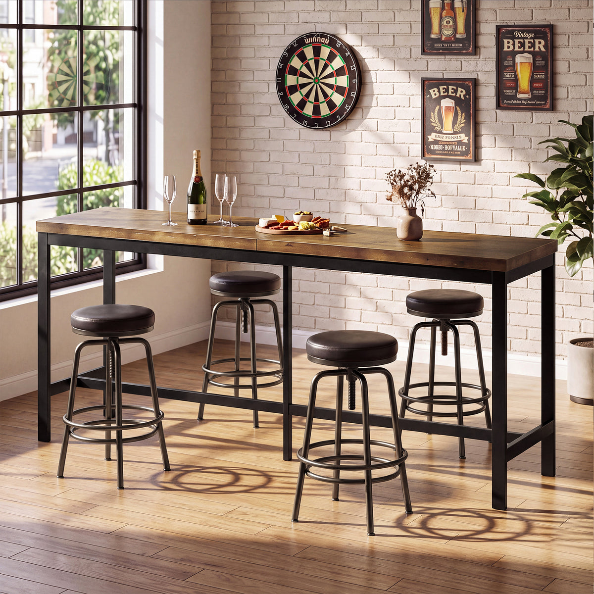 79" Solid Wood Bar Table, Rectangular High Top Table with Metal Footrest for Home Kitchen