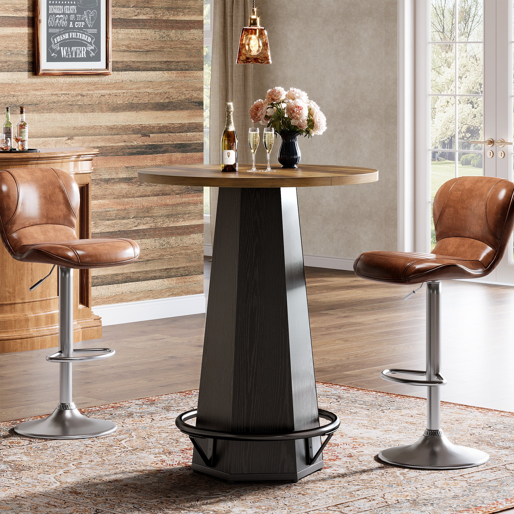 Round Bar Table, 39.4" H Bistro Pub Cocktail Table with Metal Footrest