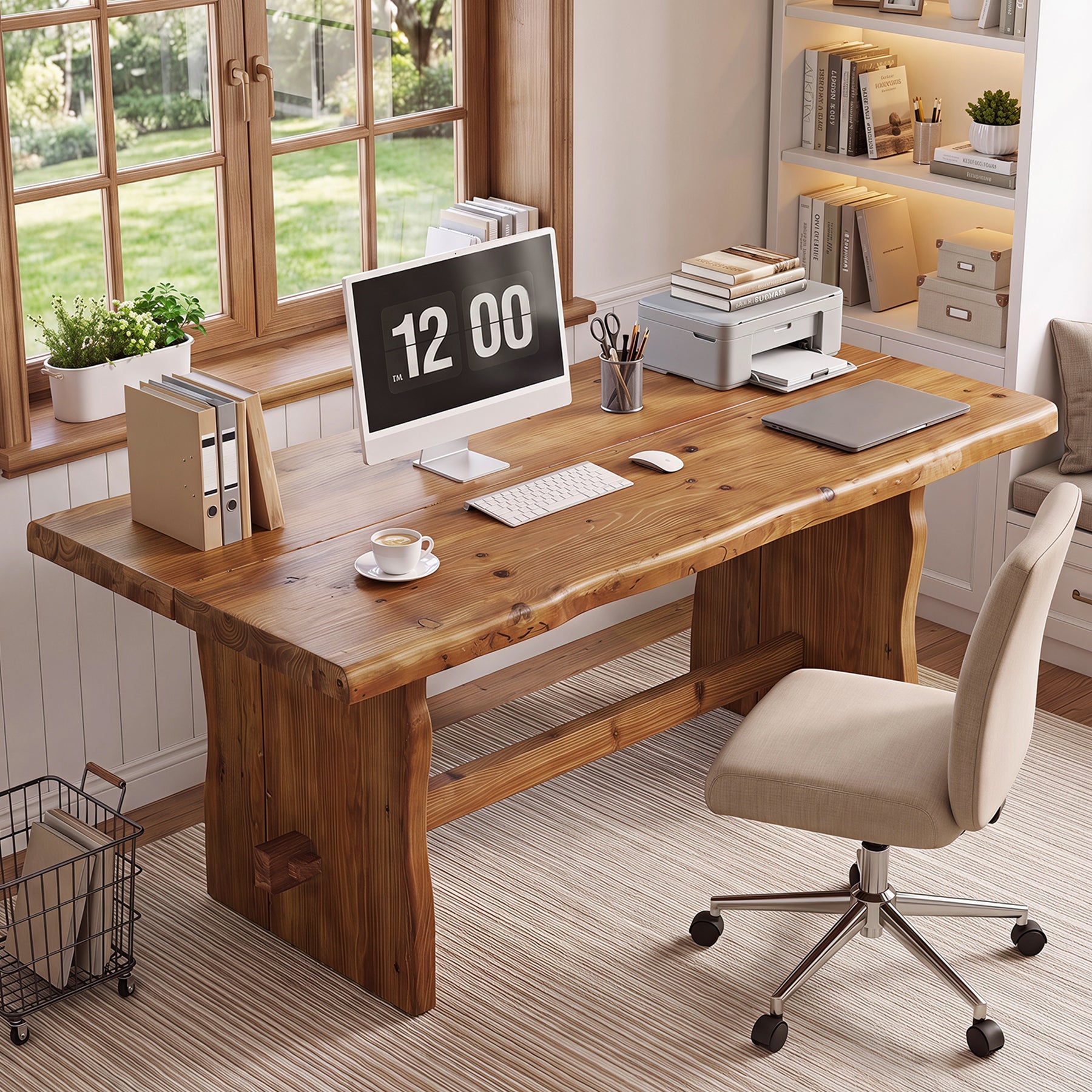 63" Solid Wood Executive Desk, Live Edge Computer Desk with Sturdy Panel Legs for Home Office