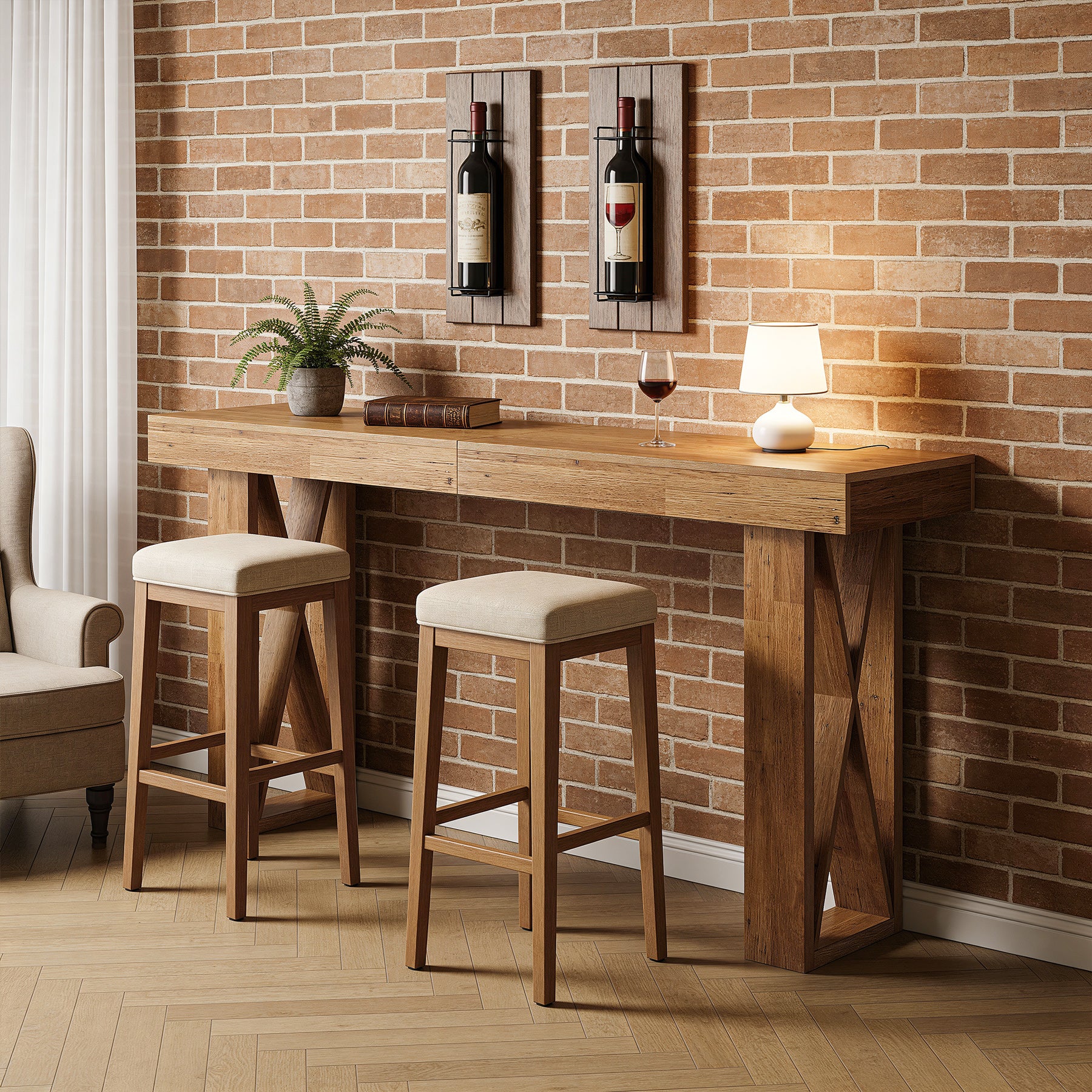 63" Bar Table, Rectangular Counter Height Pub Table with X-Shaped Frame