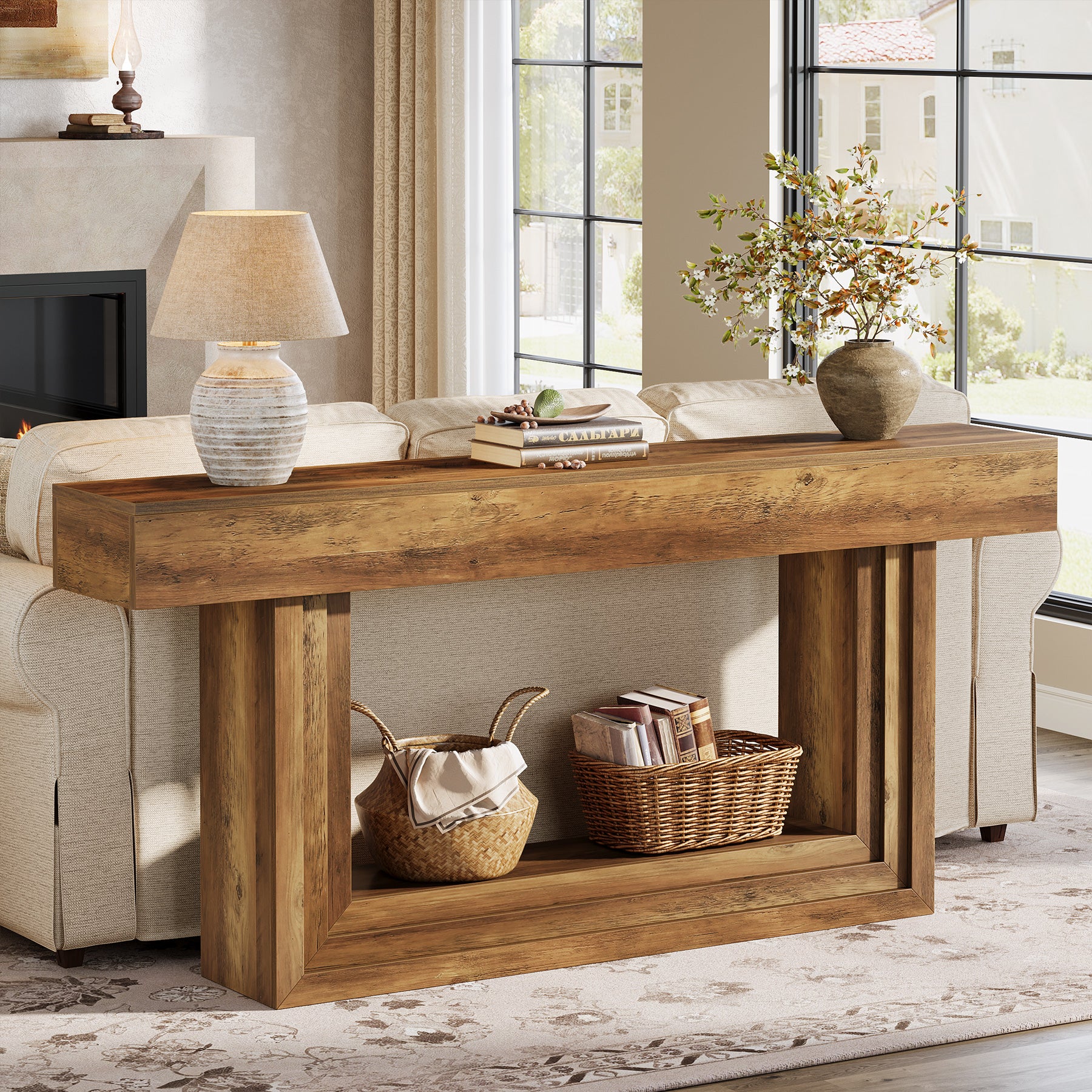 63” Narrow Console Table with 2-Tier Storage, Farmhouse Entryway Table Behind Couch