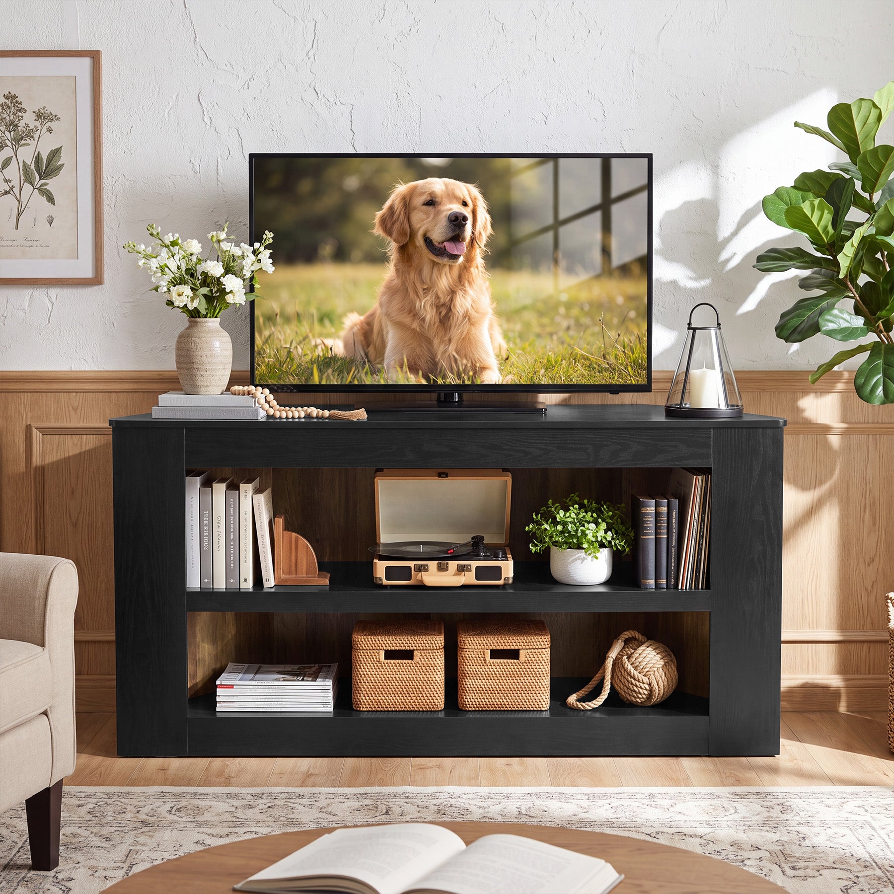59" Corner TV Stand for 65" TV, Entertainment Center with 2-Tier Shelves, Living Room