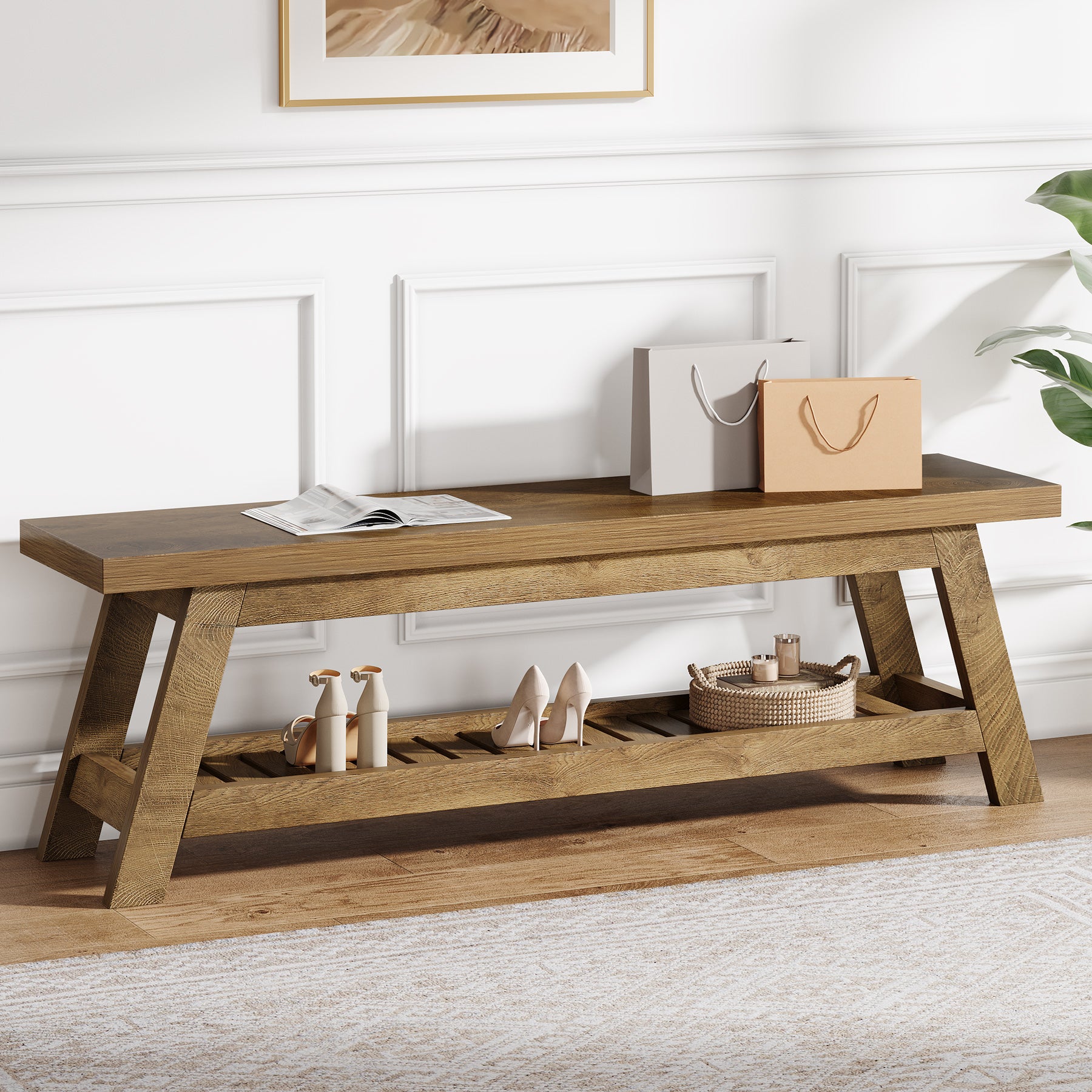 55" Entryway Bench, 2-Tier Foyer Seating Bench with Shoe Storage