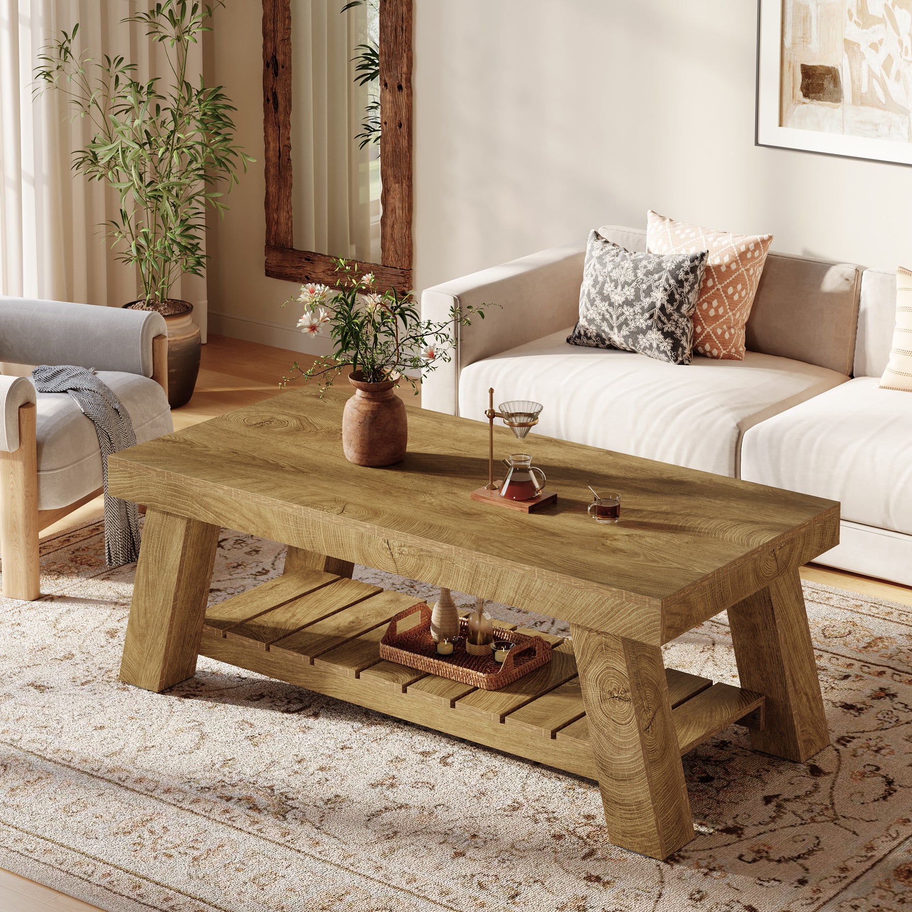 Rectangular Coffee Table, 47.24" Farmhouse Center Table with 2-Tier Storage