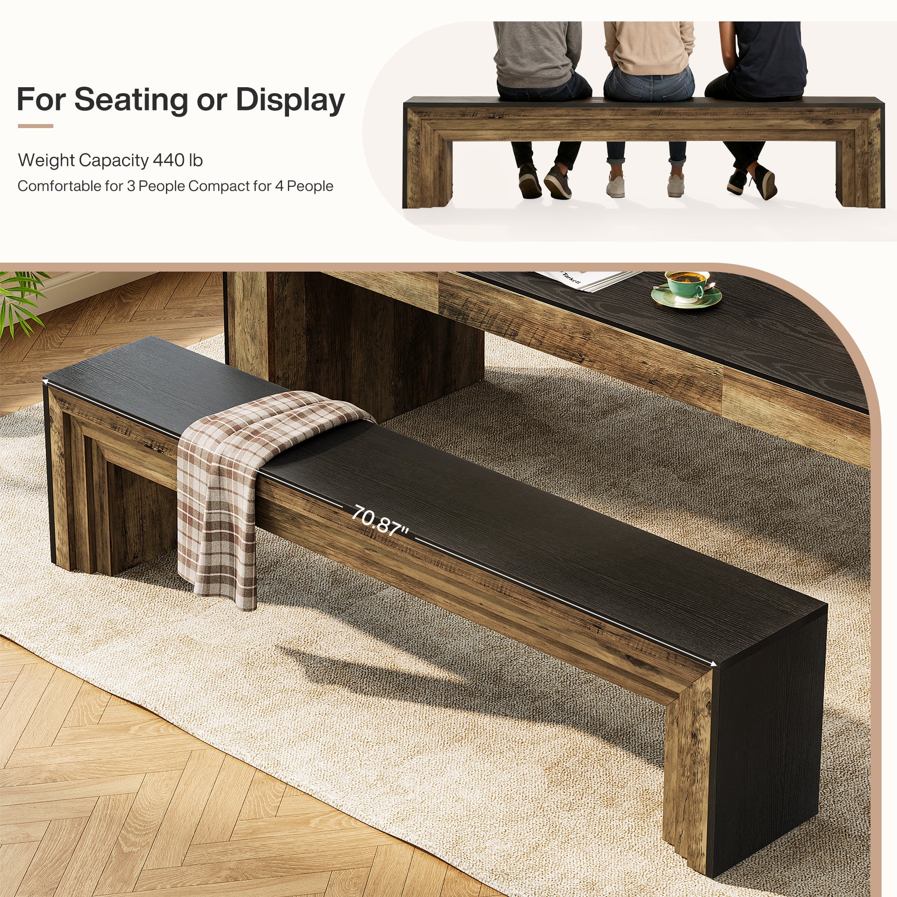 70.9“ Dining Bench, Farmhouse Long Kitchen Bench Seating