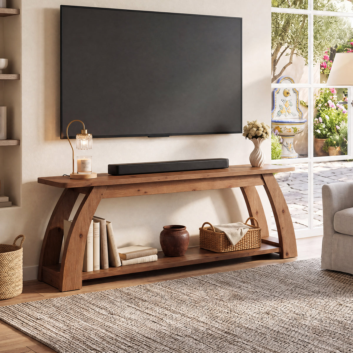 63" Solid Wood TV Stand for up to 75" TVs, 2-Tier Entertainment Center with Open Storage
