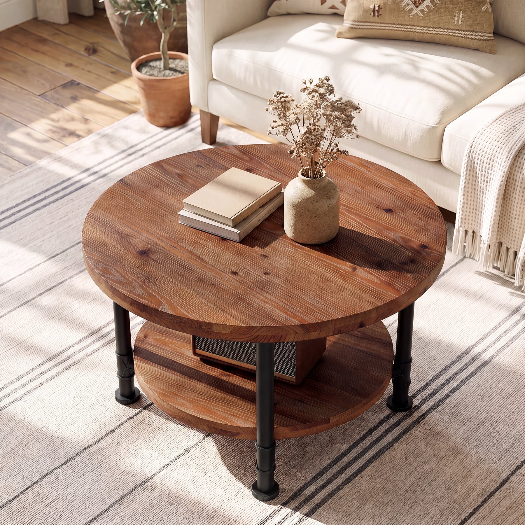 Solid Wood Round Coffee Table, 31.5" Circle Center Table with Storage Shelf & Metal Frame