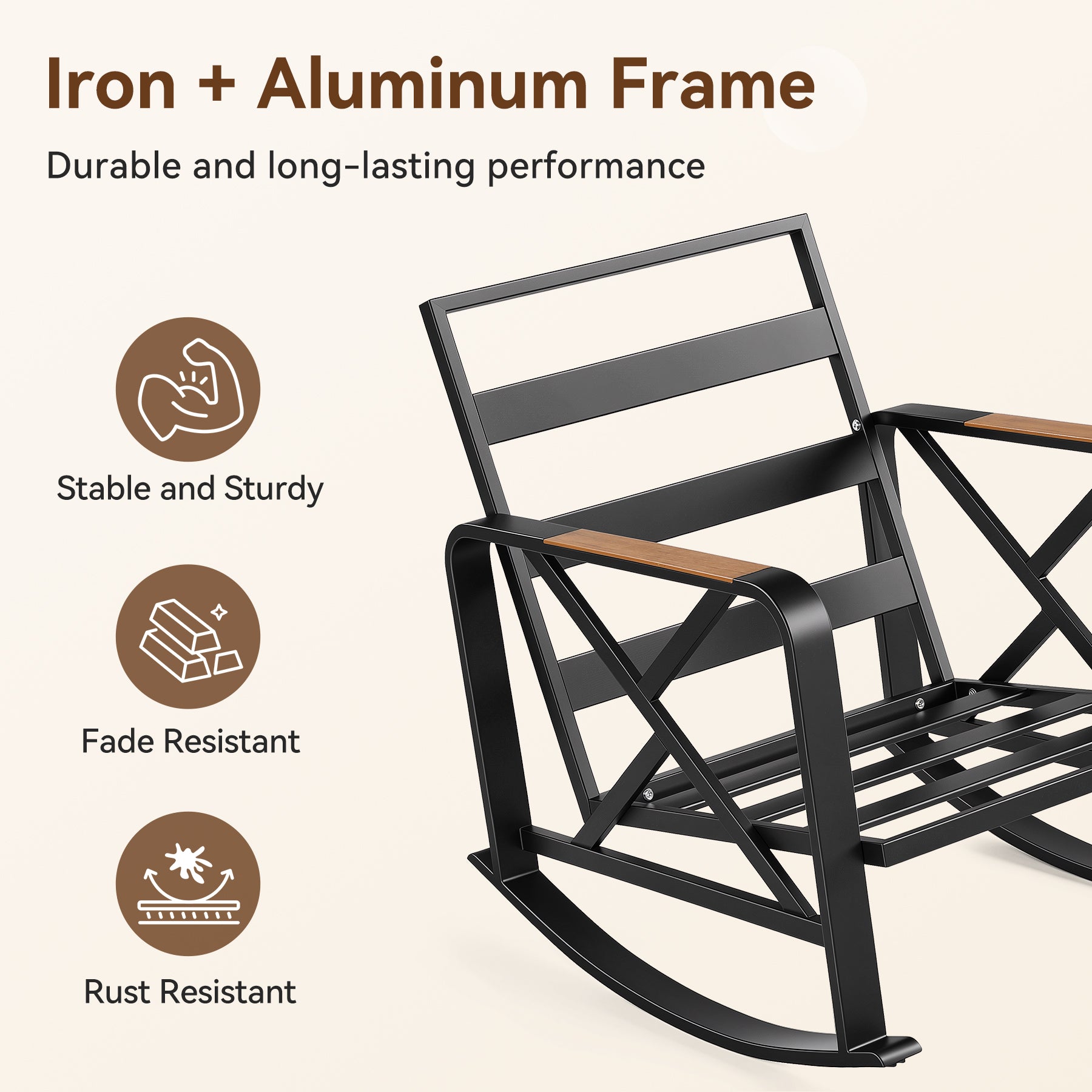 Outdoor Rocking Chair, Patio Seating Waterproof Rocker with Thick Cushion