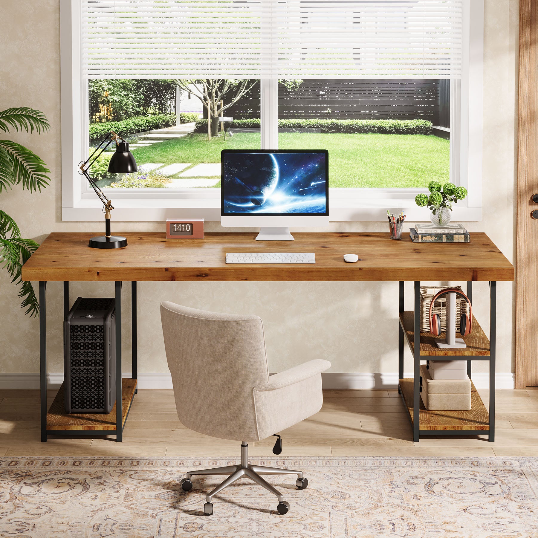 Solid Wood Computer Desk , 71" Home Office Desk with Shelves