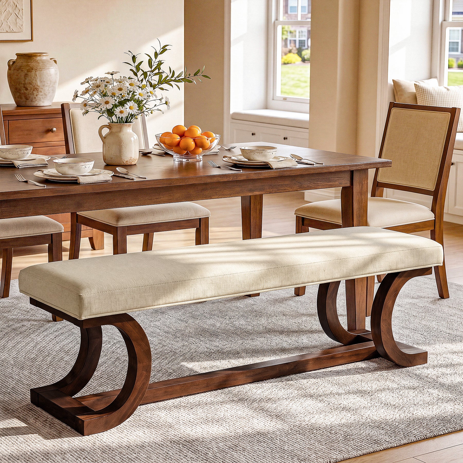 48" Upholstered Bench, Solid Wood Entryway Bench End of Bed Bench with Soft Cushion