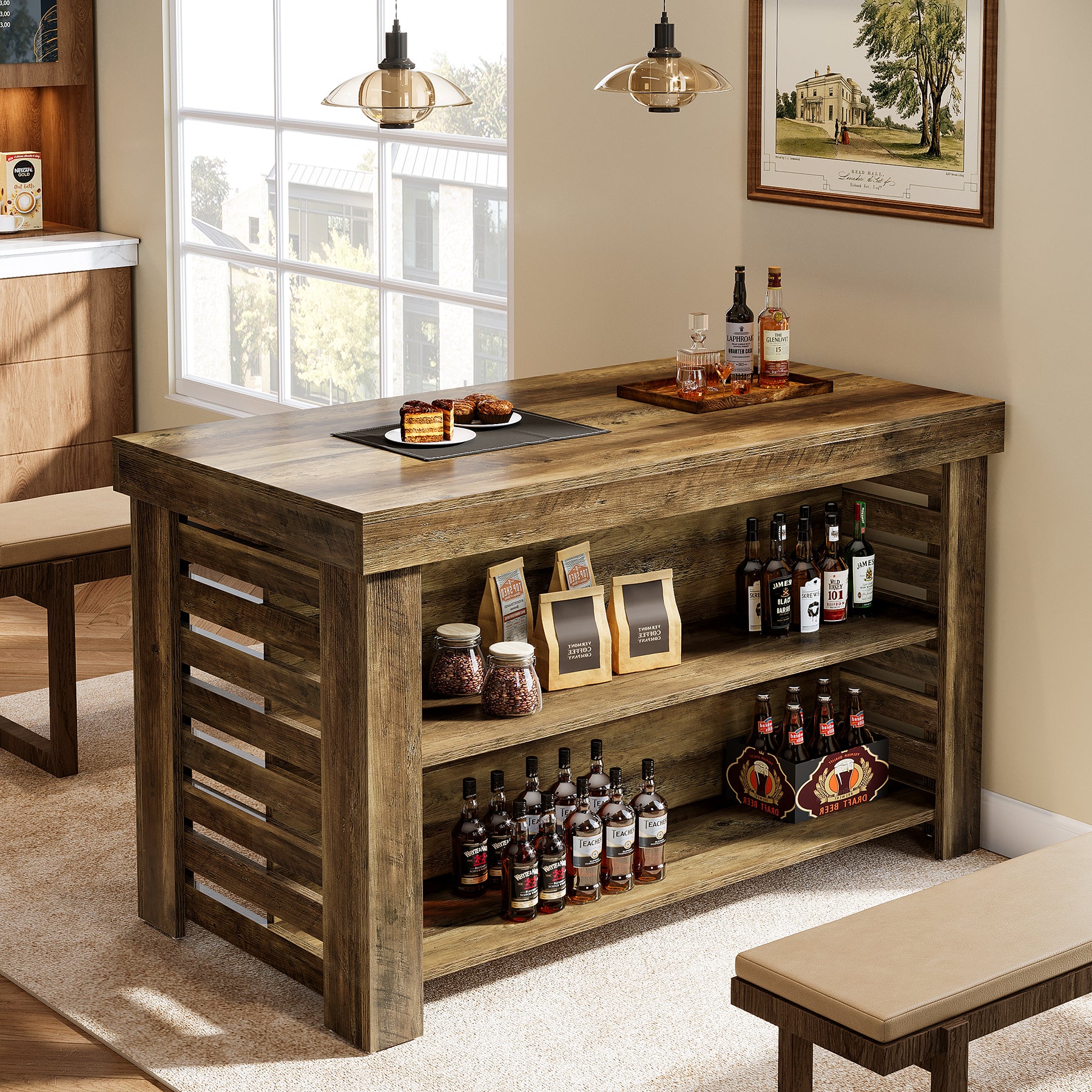 55" Kitchen Island, 3-Tier Farmhouse Coffee Bar Table with Storage Shelves