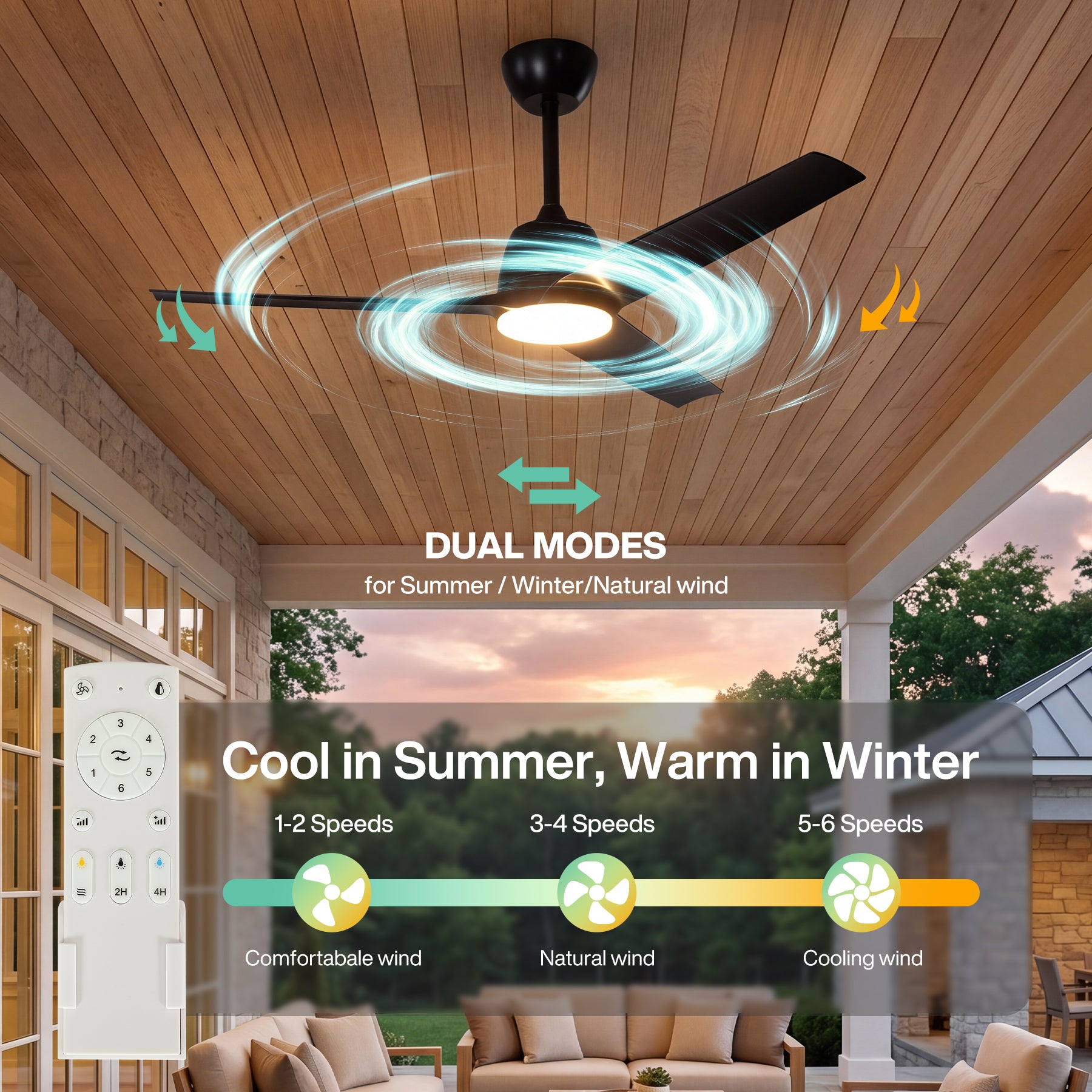 52" Outdoor Ceiling Fans with Lights and Remote, IP66 Waterproof Ceiling Fan With 2 Downrods