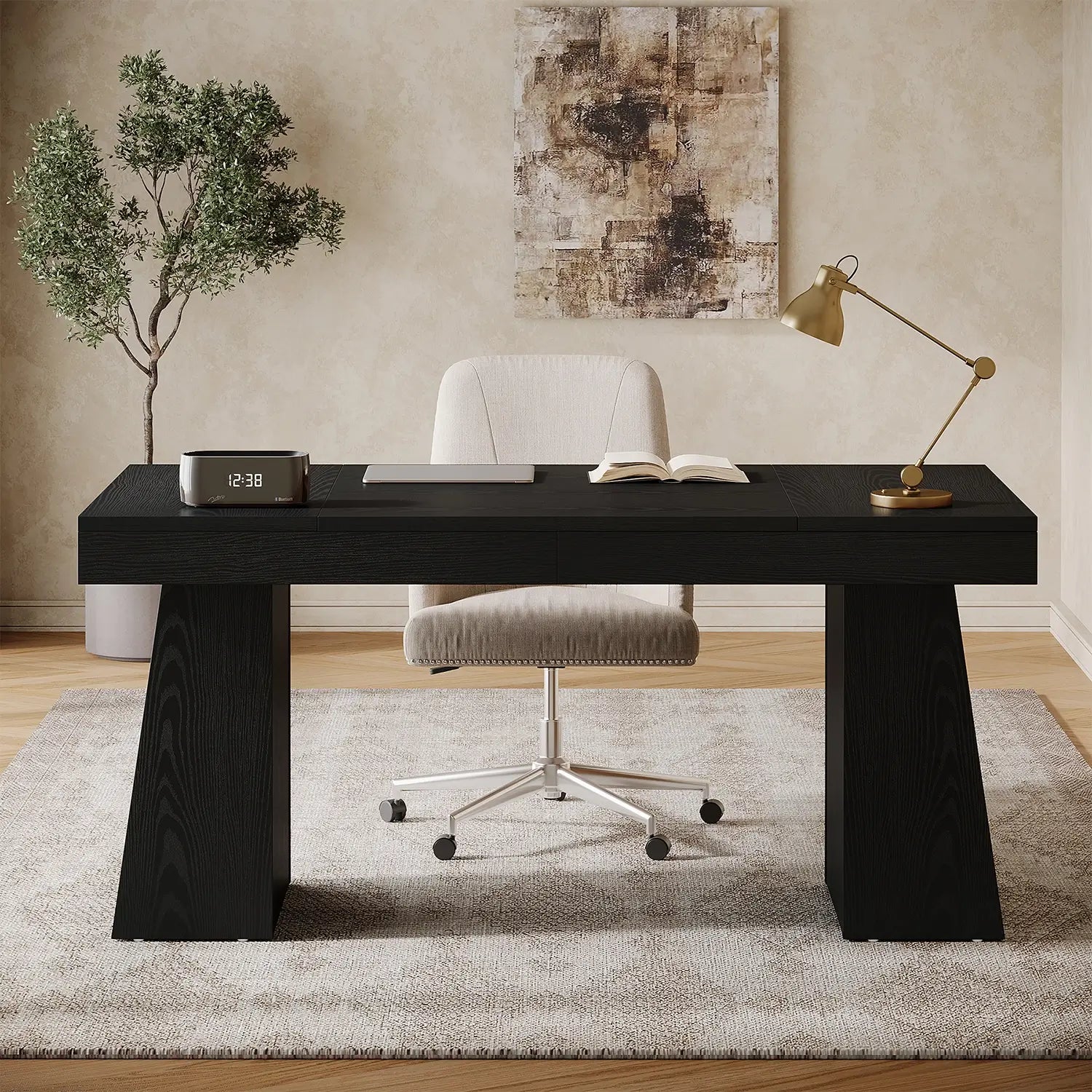 55" Executive Desk with Double Trapezoid Base, Modern Wooden Computer Desk for Home Office