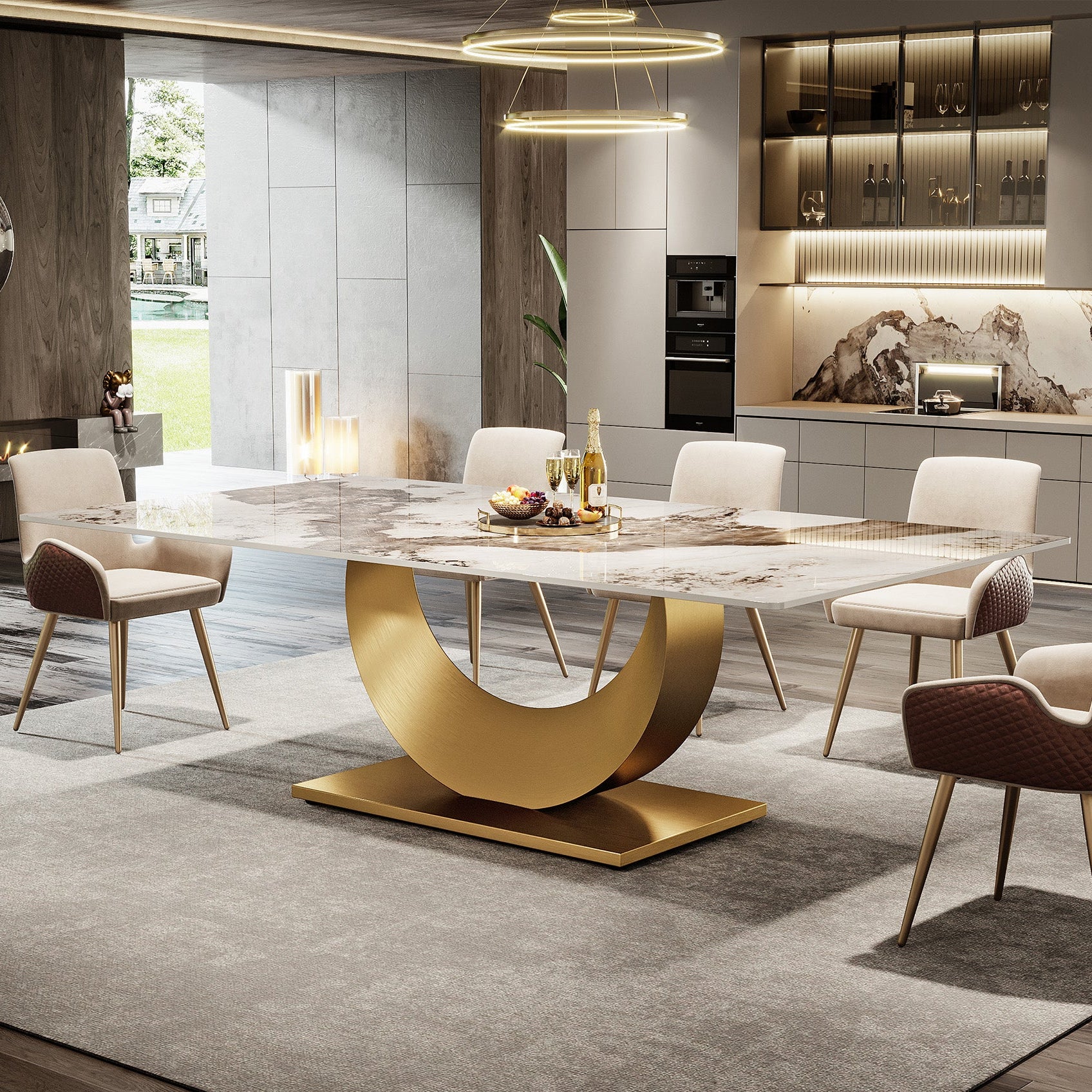 79" Sintered Stone Dining Table with Stainless Steel Pedestal for 8 people Tribesigns