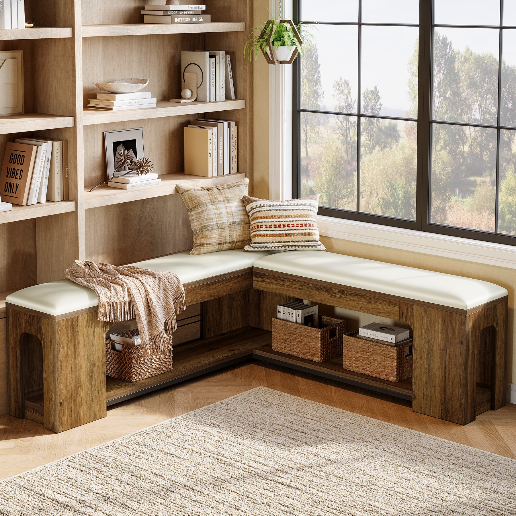 L-Shaped Corner Bench, Farmhouse Dining Bench with Removable Seat Cushion