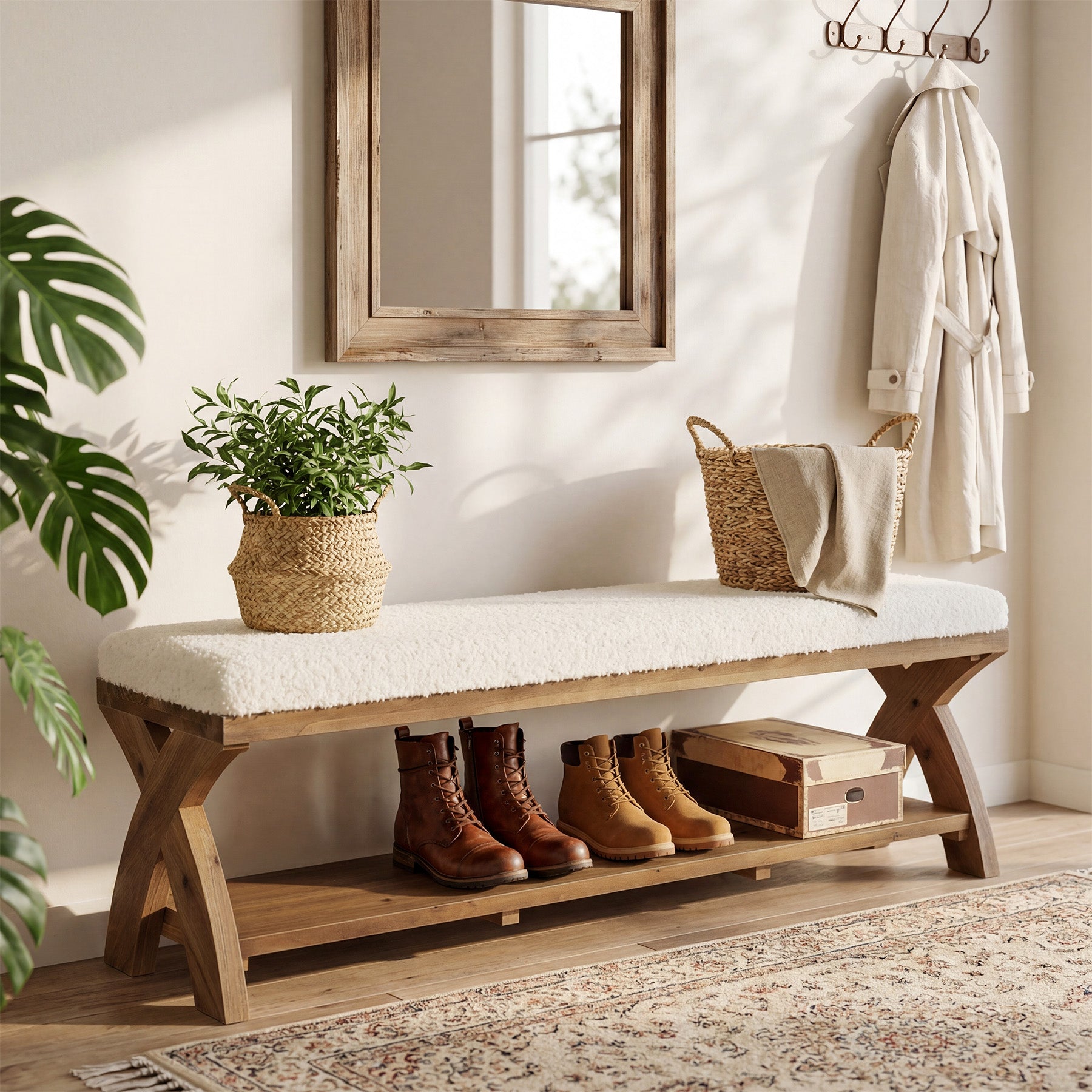 Solid Wood Upholstered Shoe Bench, Entryway Bench with Padded Seat and Storage Shelf