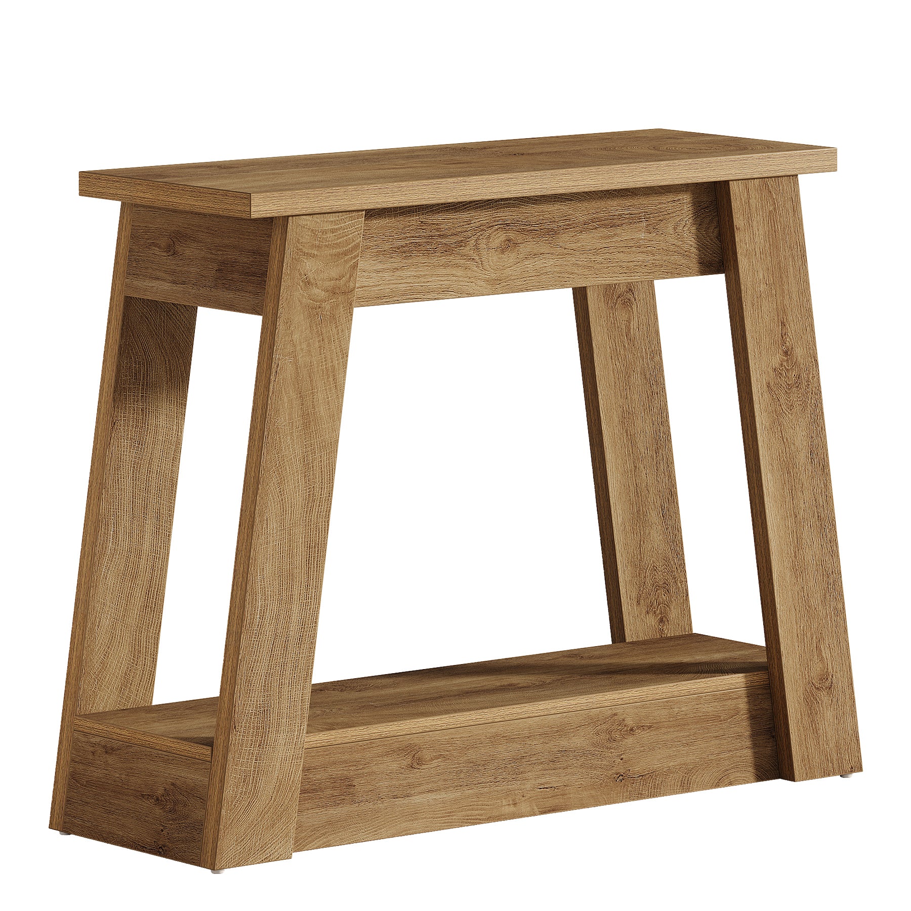 Wood End Table, Small Side Table With 2 Storage Shelves