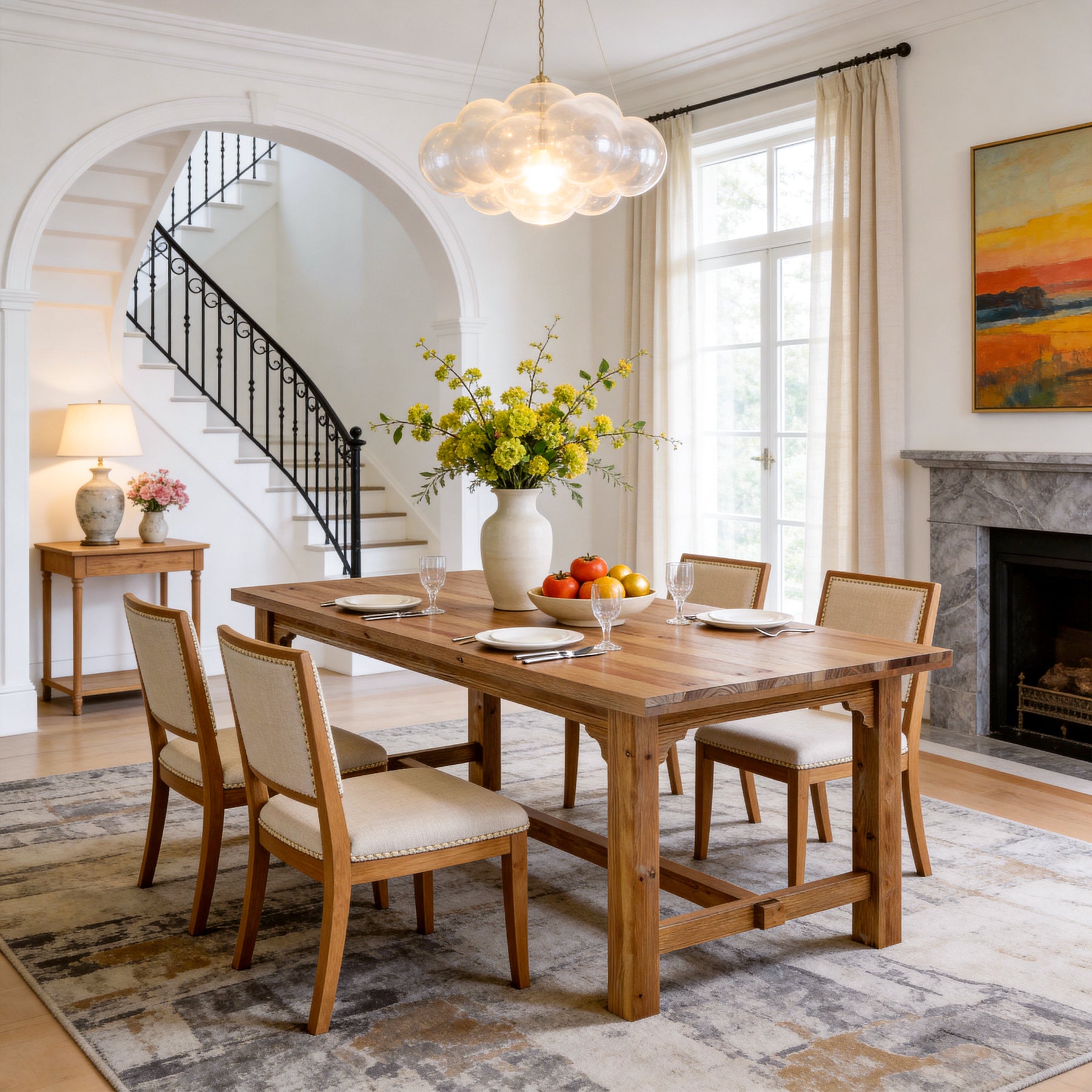 Solid Wood Dining Table, 63" Rectangular Kitchen Table with Foot Bar