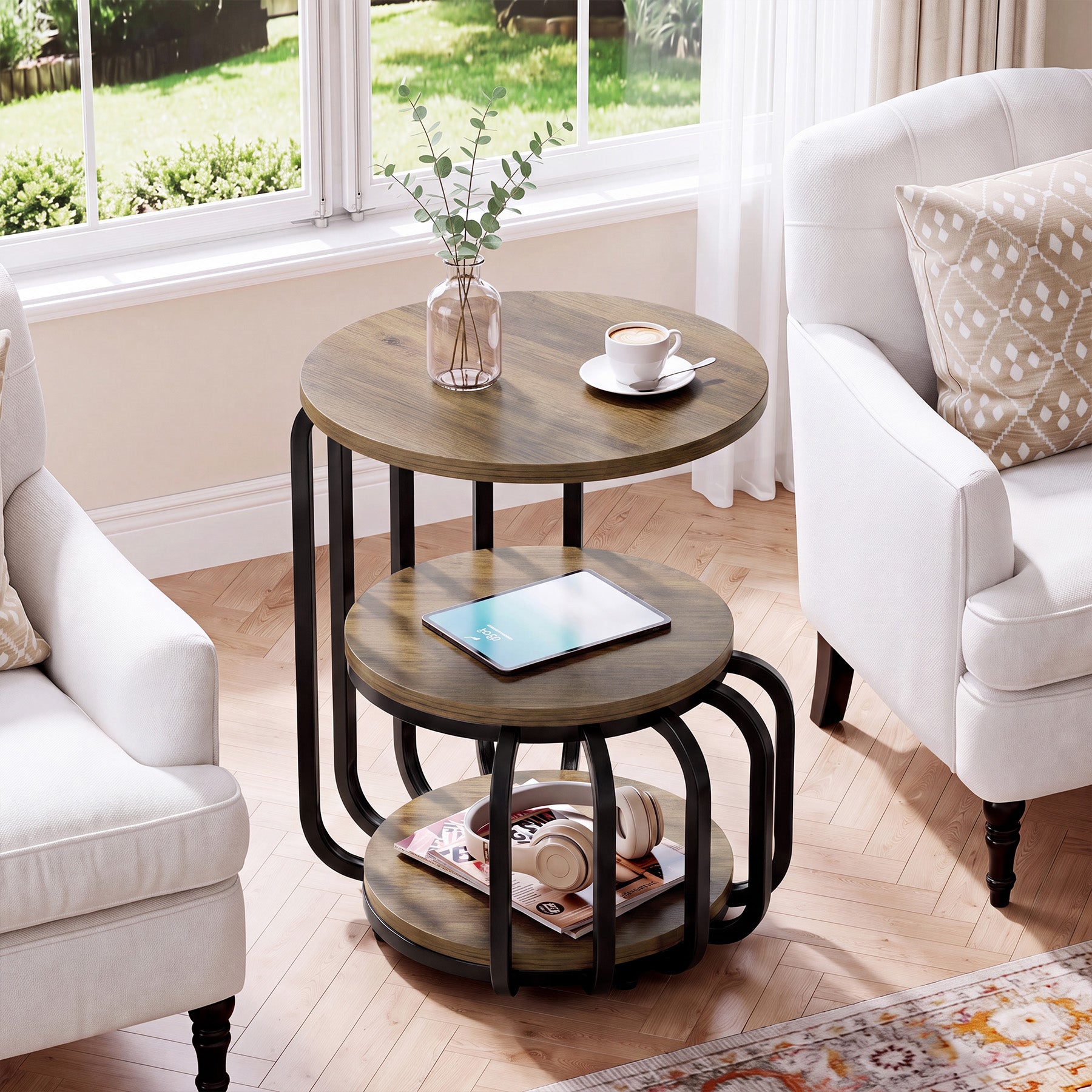 19.69" Round End Table, Industrial Side Table with 3-Tier Storage Shelves & Metal Frame