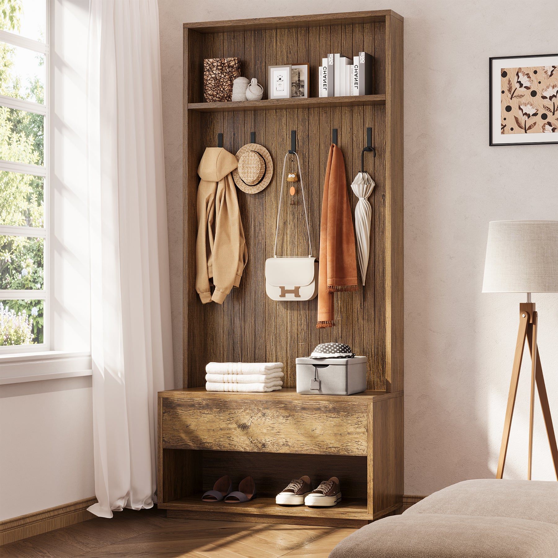 70.87-Inch Hall Tree with Bench and Shoe Storage, 5-in-1 Organizer with Drawer and 5 Hooks