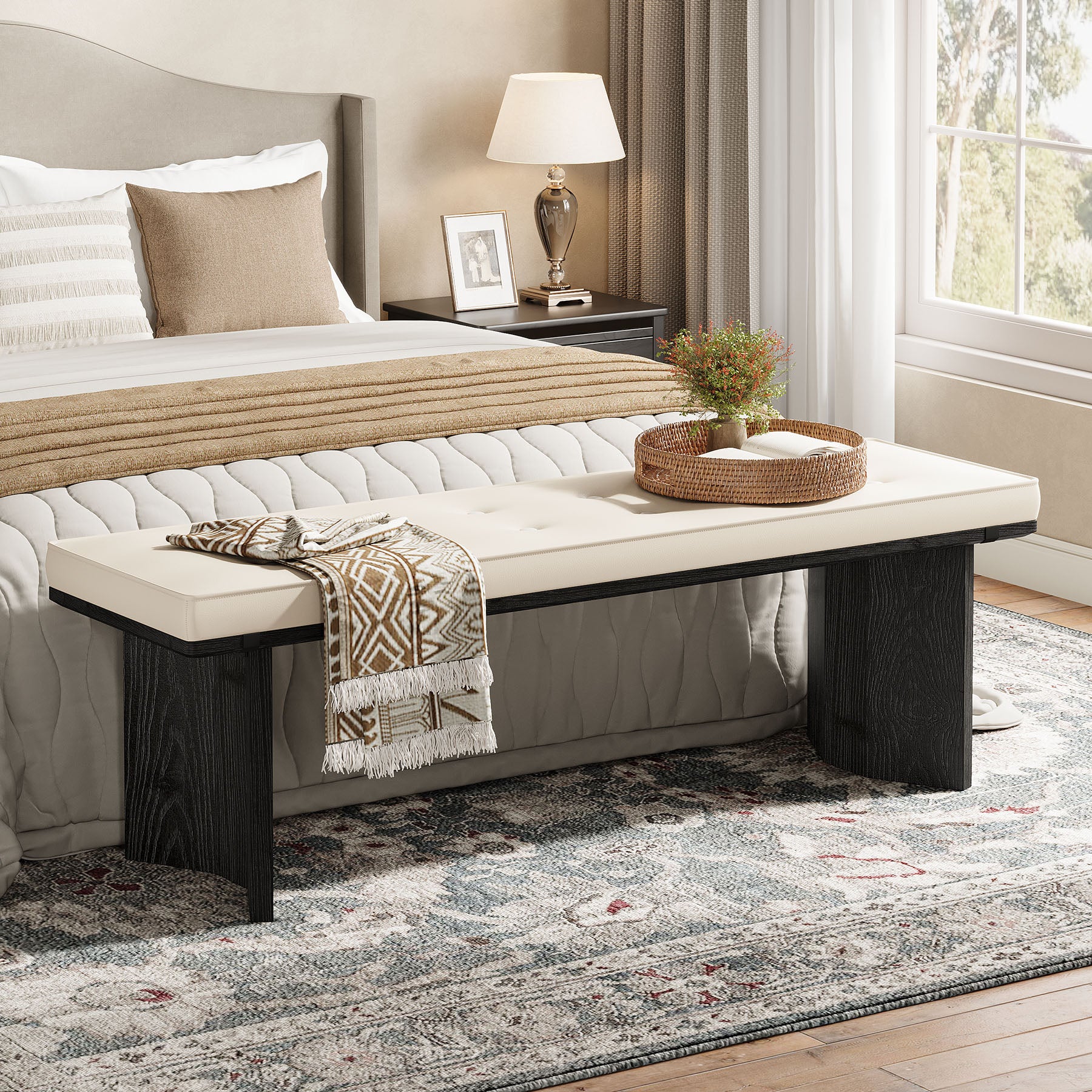 Solid Wood Entryway Bench, 55" Shoe Bench with Removable Cushion