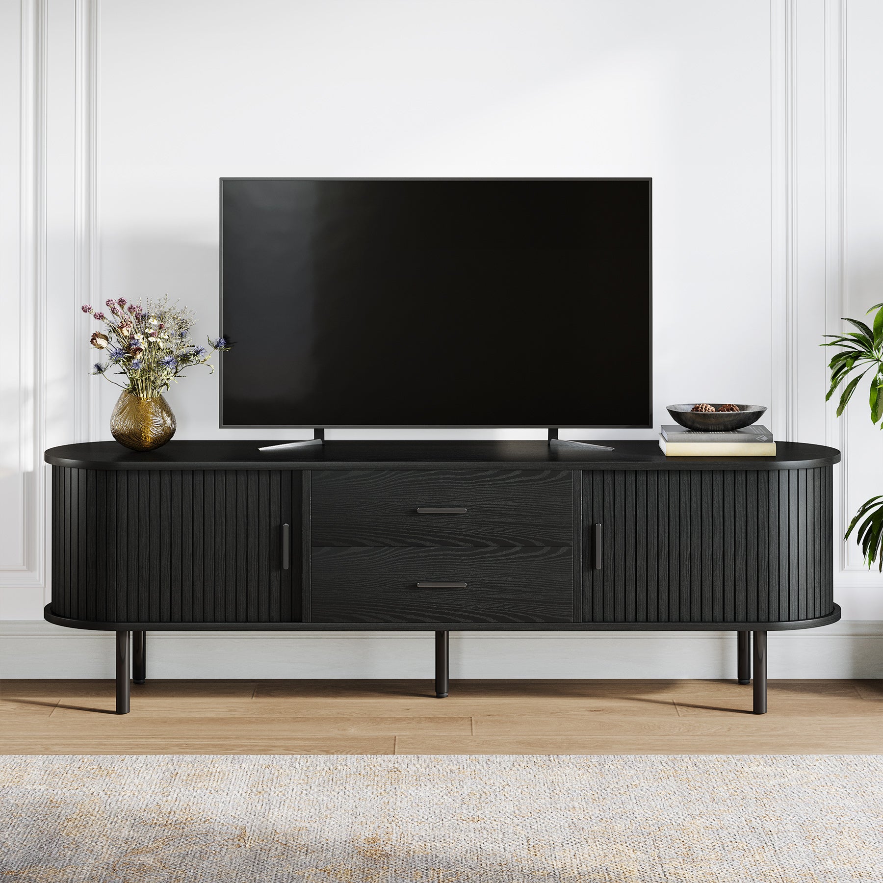 70" TV Stand, Modern Media Console with Storage and Sliding Tambour Door