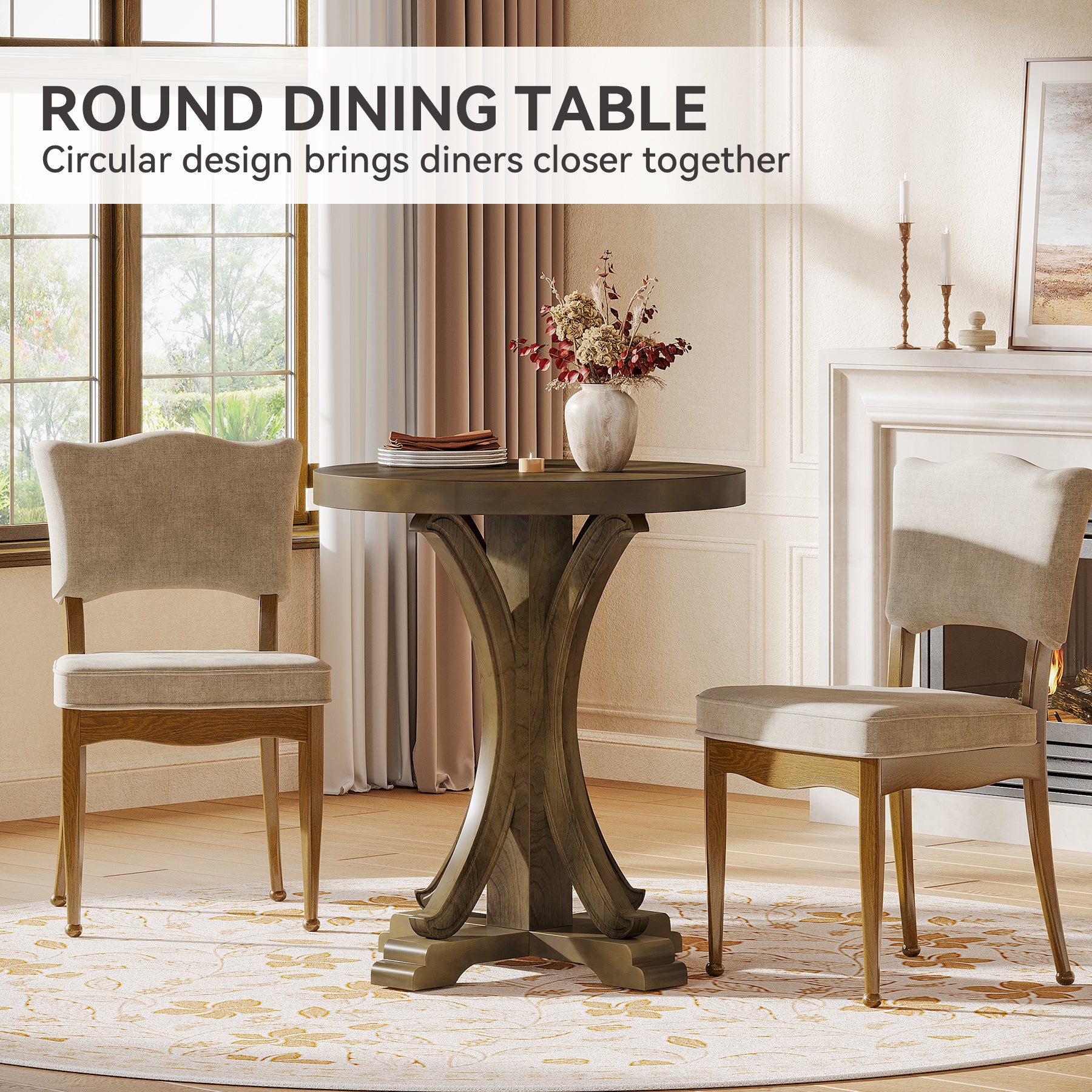 Round Dining Table for 2, 24" Bistro Kitchen Table with Solid Fir Legs