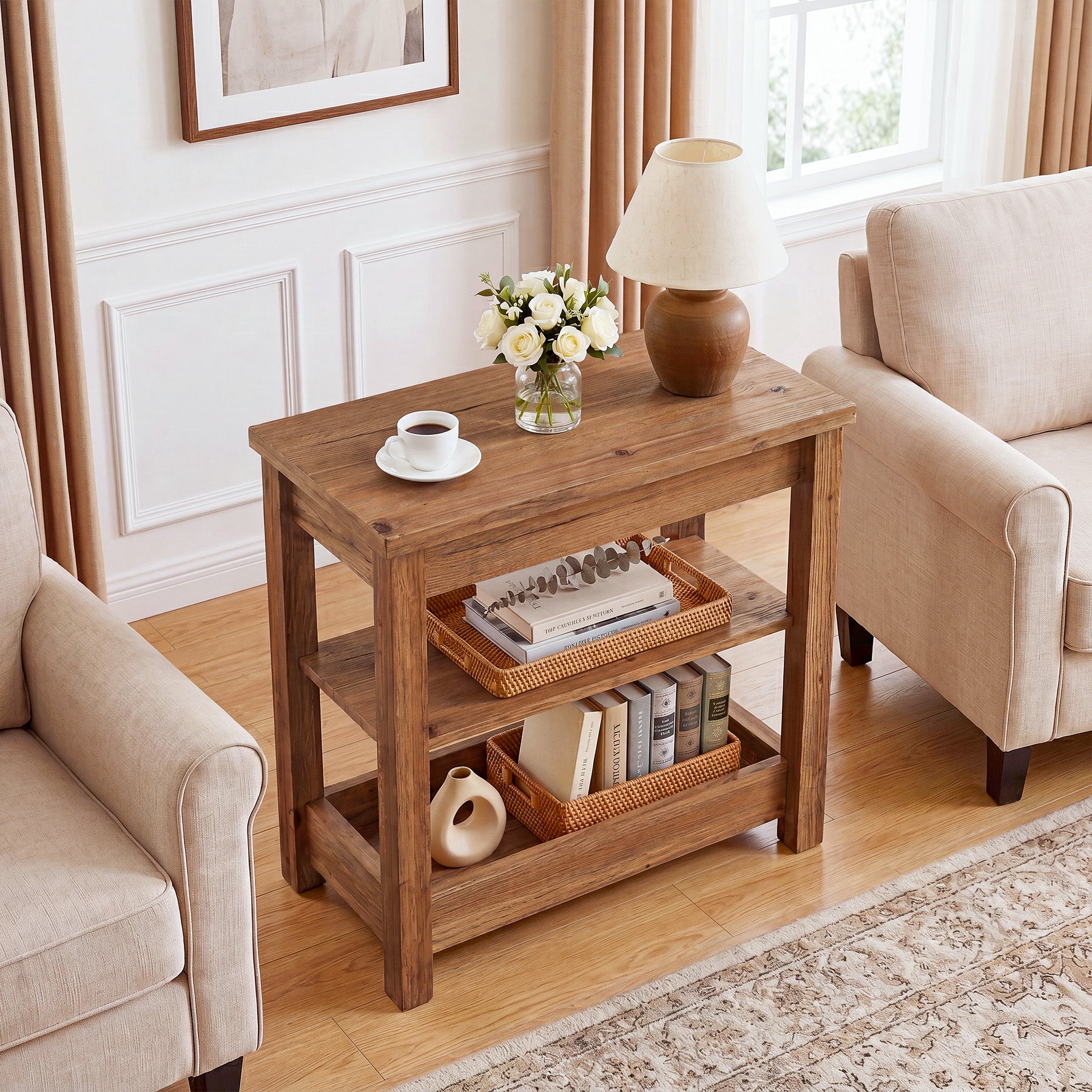 Tribesigns 23.62" Solid Wood End Table, 3-Tier Narrow Side Table for Living Room and Bedroom