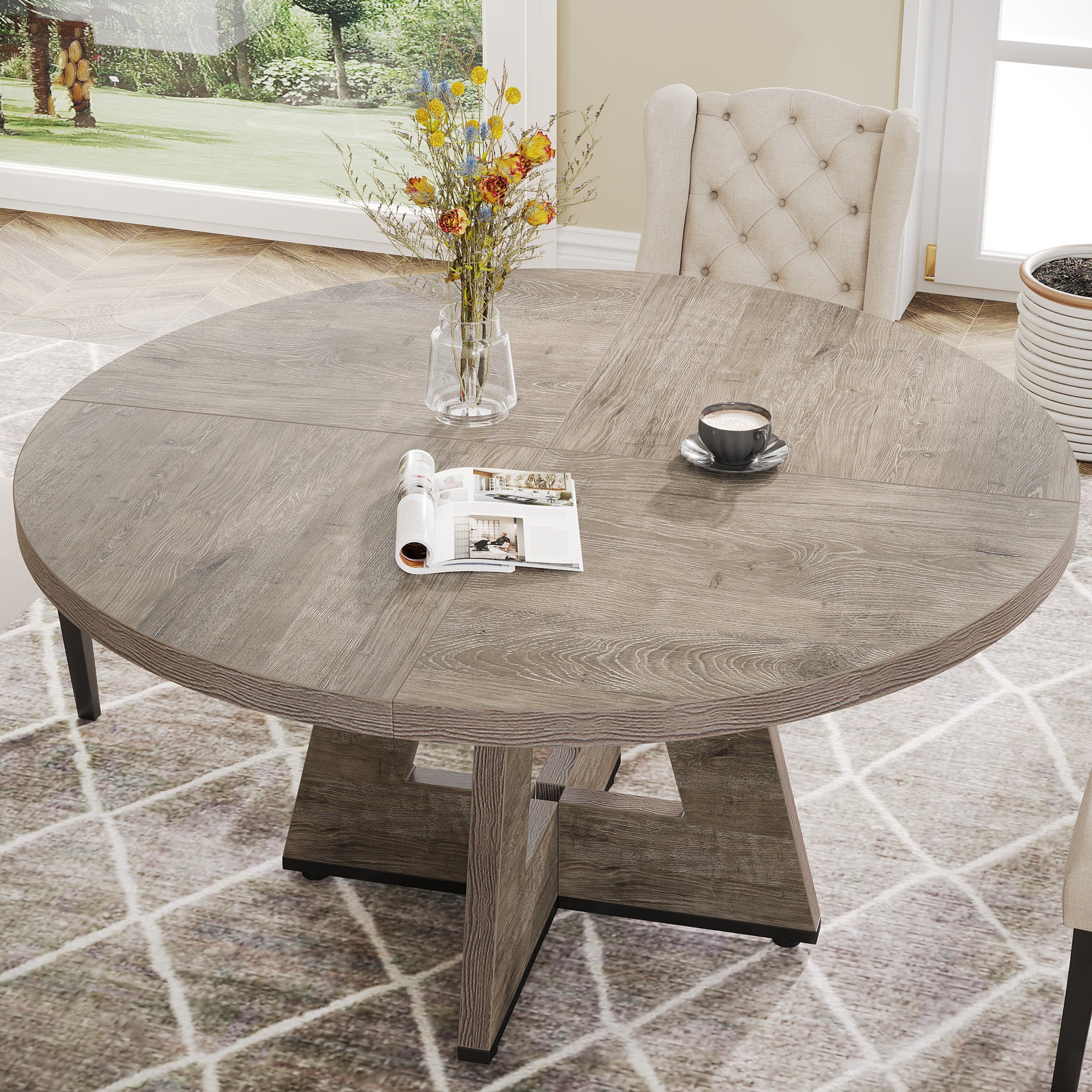 47" Round Farmhouse Dining Table for 4 People, Rustic Dining Room Table