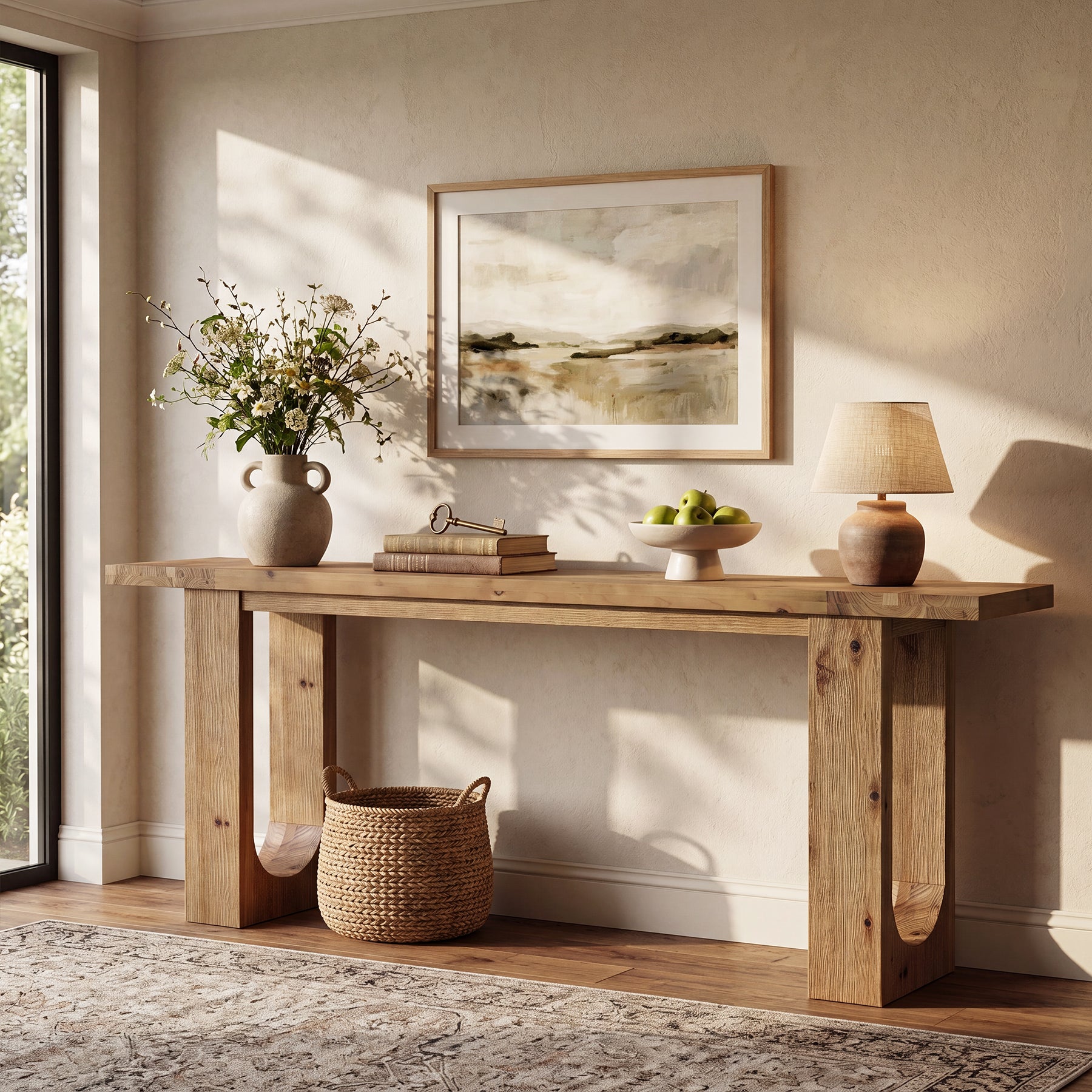 78.74" Solid Wood Console Table, Long Entryway Table with Hollow U-shaped Base