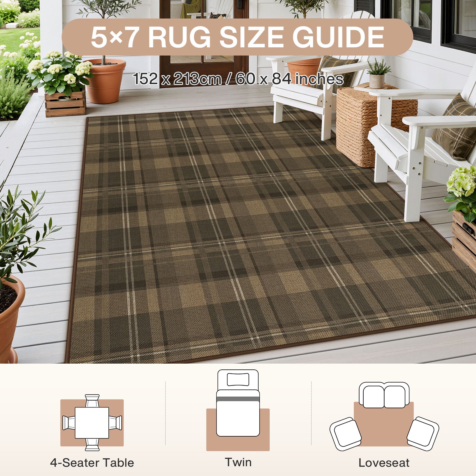 3x5/5x7 Plaid Easy Jute Washable Area Rug, Farmhouse Non-Slip Indoor Carpet for Porch Living Bedroom, Oeko-Tex Certified
