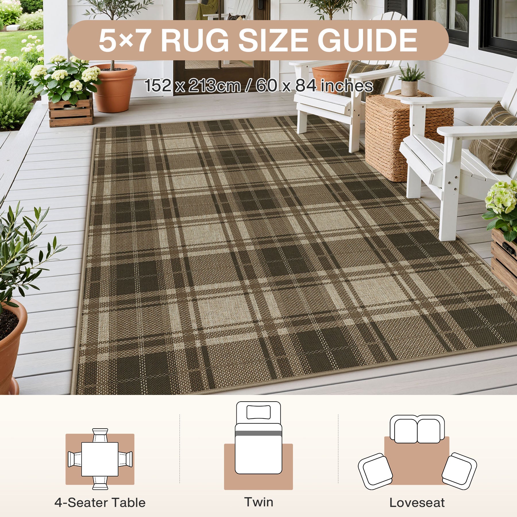 3x5/5x7 Plaid Easy Jute Washable Area Rug, Farmhouse Non-Slip Indoor Carpet for Porch Living Bedroom, Oeko-Tex Certified