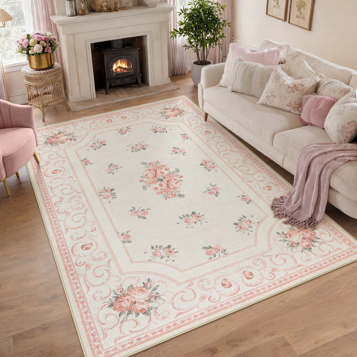 5x7/8x10 Boho Floral Area Rug, Vintage Soft Washable Low Pile Nursery Living Room Carpet, Oeko-Tex Certified, Pink / 5'x7'