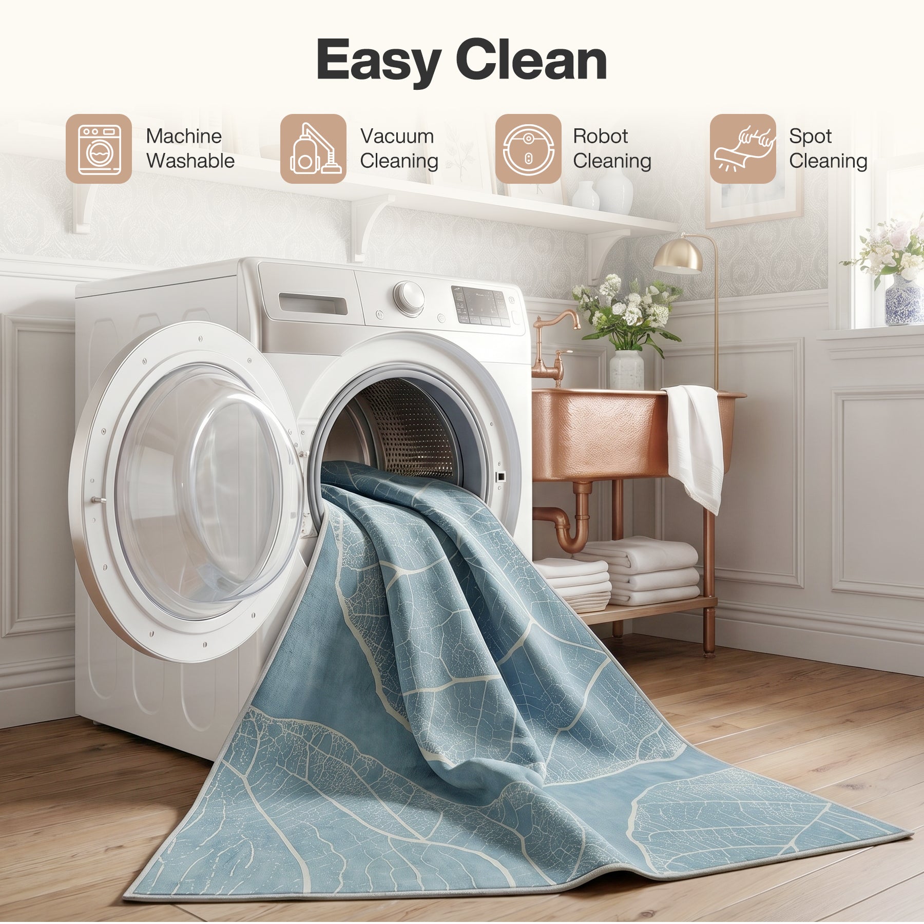 5x7 Boho Leaf Print Area Rugs, Modern Washable Non-Slip Low Pile Indoor Carpet for Living Room, Oeko-Tex Certified
