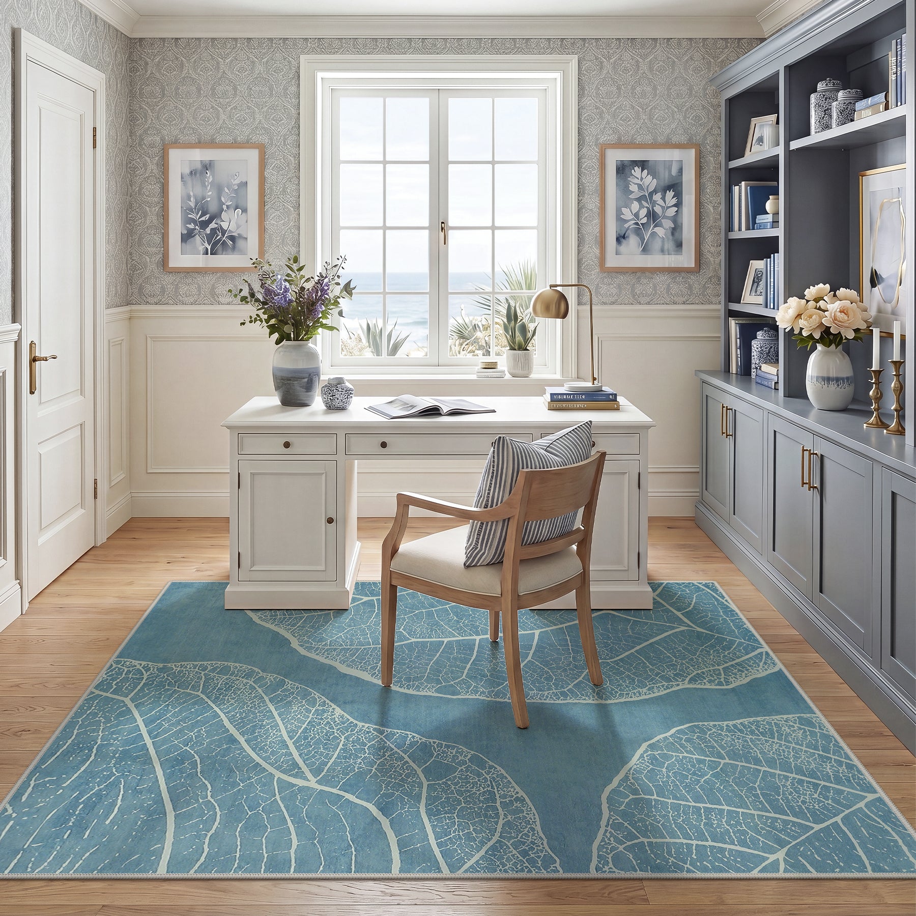 5x7 Boho Leaf Print Area Rugs, Modern Washable Non-Slip Low Pile Indoor Carpet for Living Room, Oeko-Tex Certified