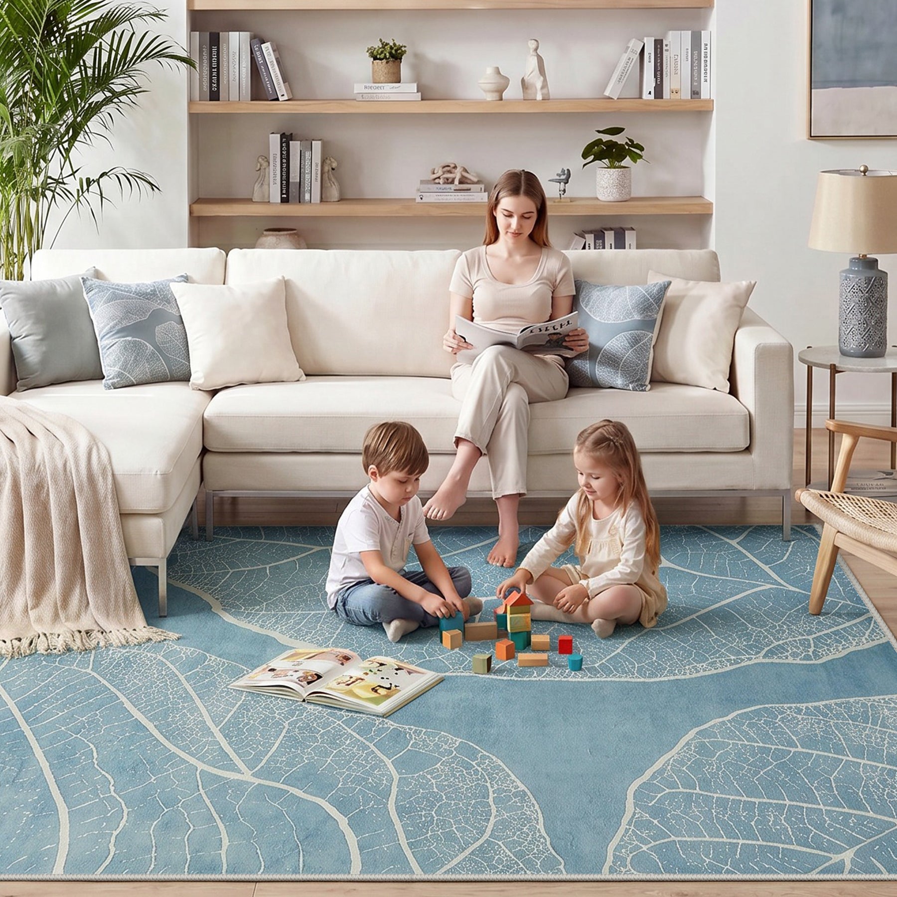 5x7 Boho Leaf Print Area Rugs, Modern Washable Non-Slip Low Pile Indoor Carpet for Living Room, Oeko-Tex Certified