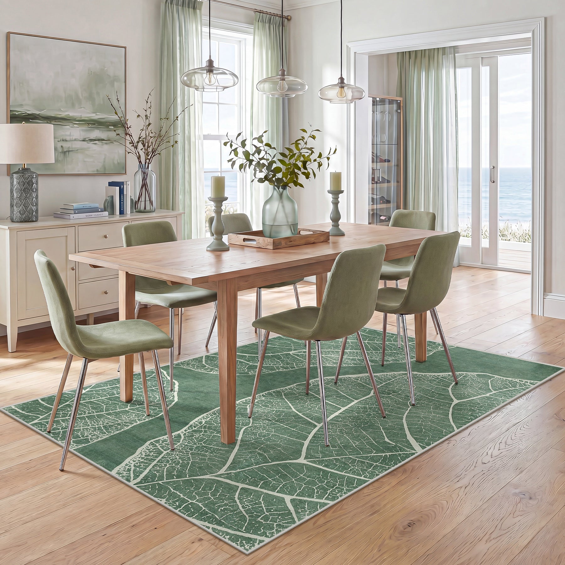 5x7 Boho Leaf Print Area Rugs, Modern Washable Non-Slip Low Pile Indoor Carpet for Living Room, Oeko-Tex Certified