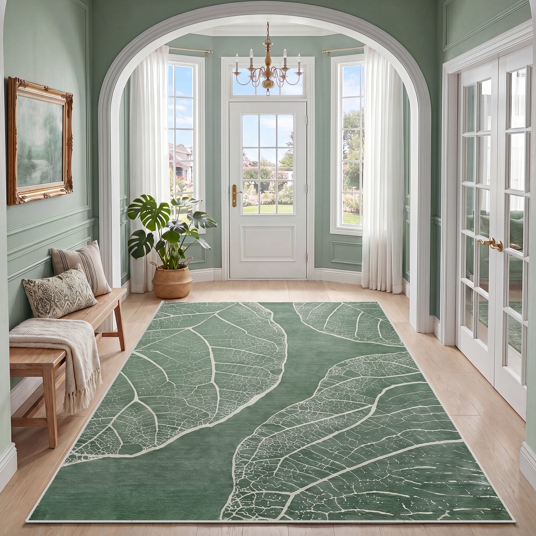 5x7 Boho Leaf Print Area Rugs, Modern Washable Non-Slip Low Pile Indoor Carpet for Living Room, Oeko-Tex Certified