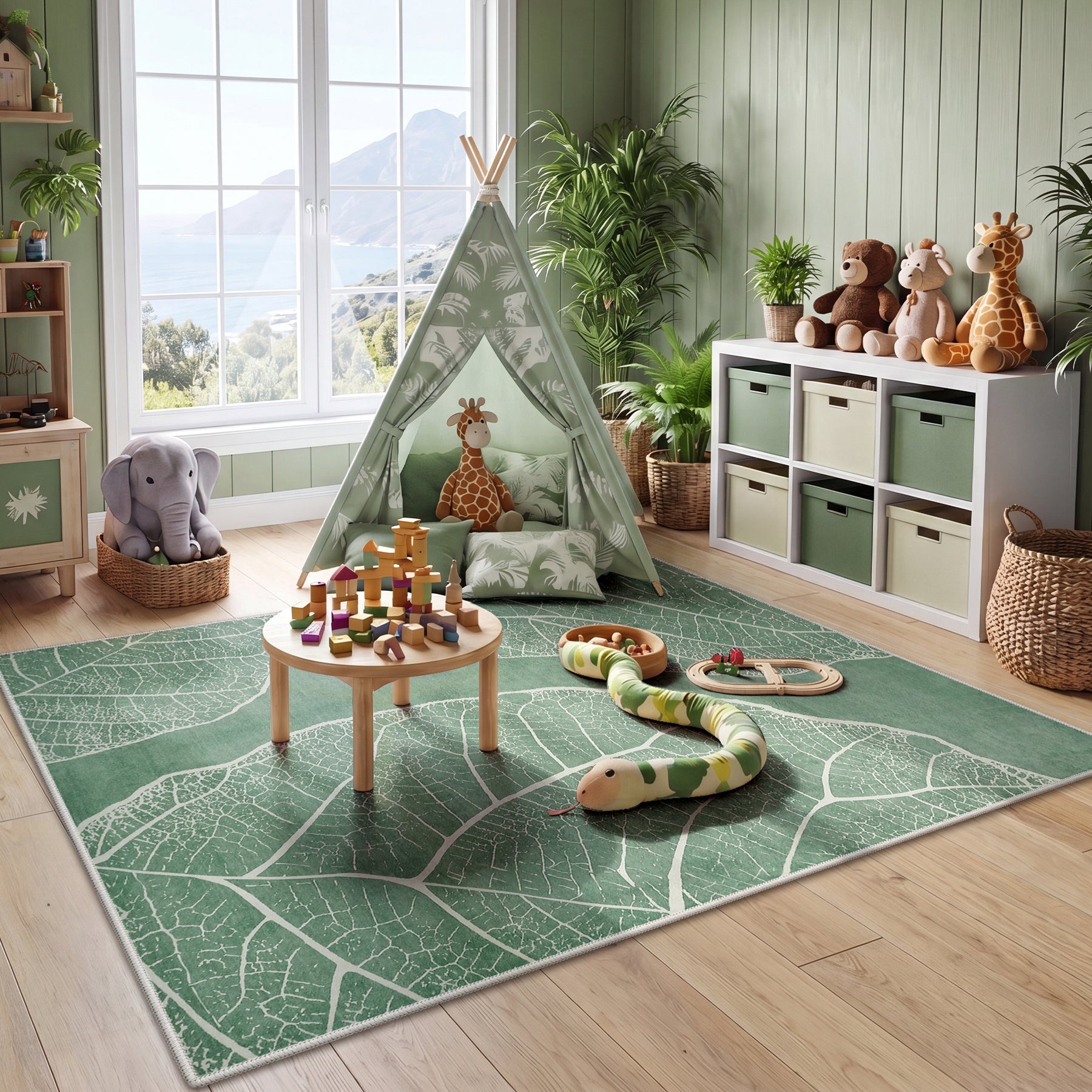 5x7 Boho Leaf Print Area Rugs, Modern Washable Non-Slip Low Pile Indoor Carpet for Living Room, Oeko-Tex Certified