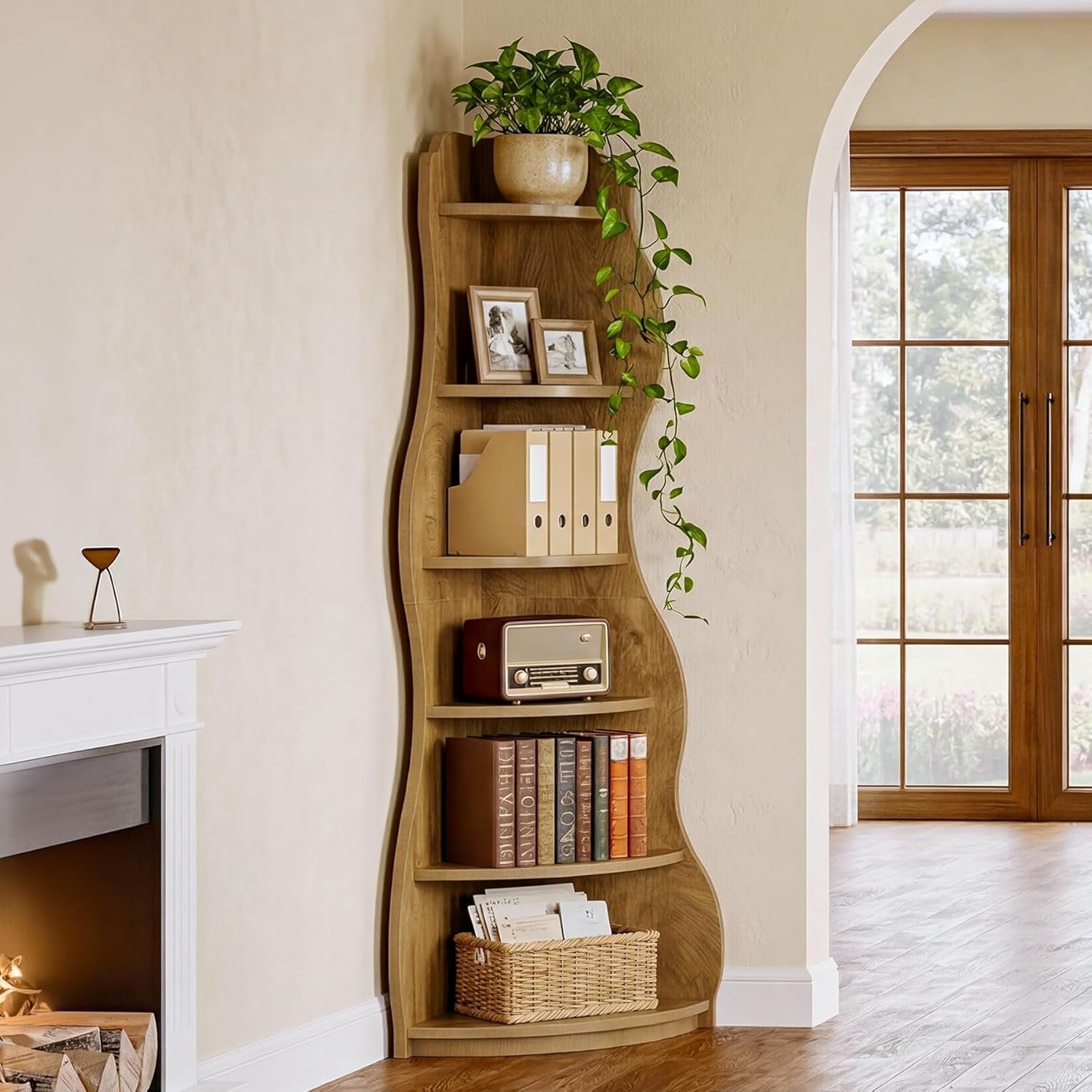 6-Tier Corner Shelf Stand, Tall Bookshelf with Curvy Shape for Living Room