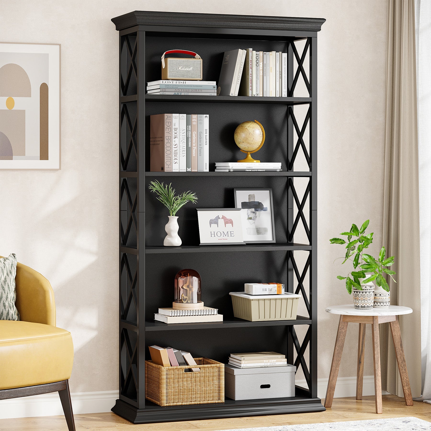 6-Tier Black Bookshelf, 70.87" Etagere Metal and Wood Bookcase for Home Office Tribesigns