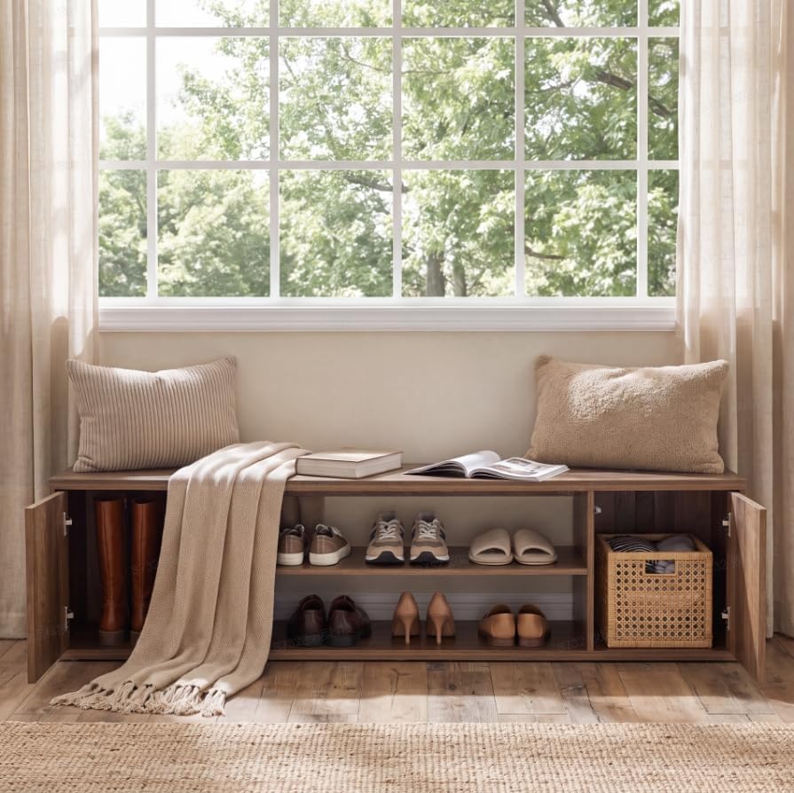 63" Entryway Bench, Shoe Storage Bench with Barn Doors for Living Room