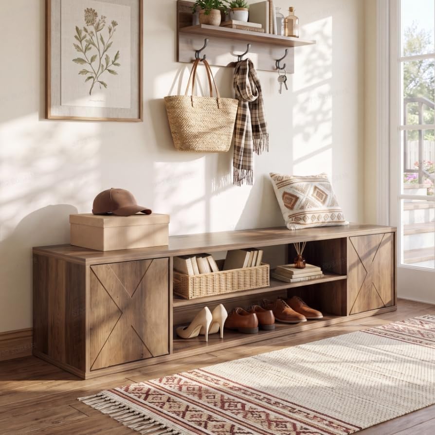 63" Entryway Bench, Shoe Storage Bench with Barn Doors for Living Room
