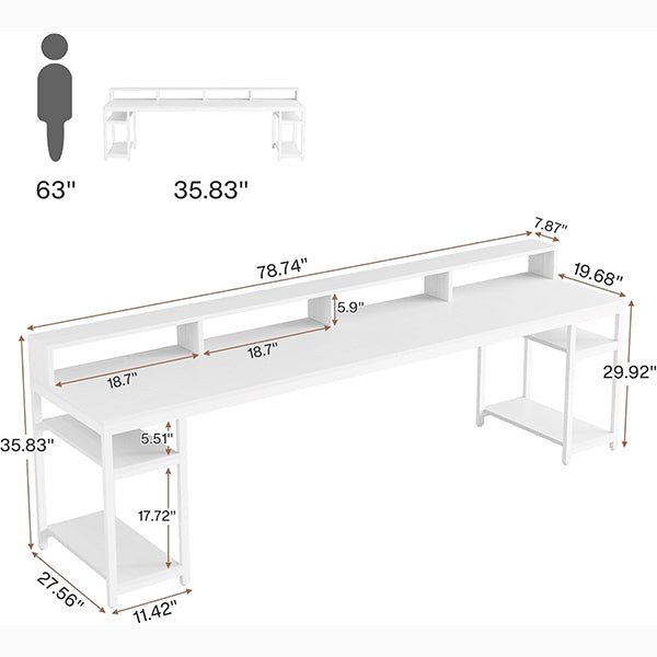 78.74" Extra Long Two Person Desk, Double Computer Desk with Storage Shelves