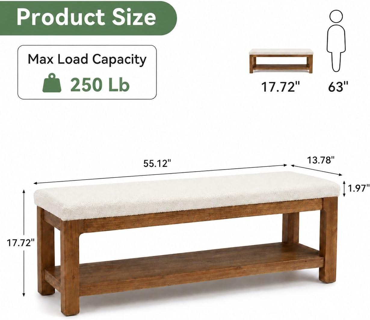55" Entryway Bench, Solid Wood Upholstered Ottoman Bedroom Bench